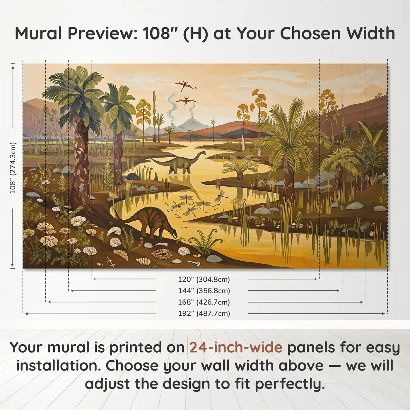 Panel layout and dimensions for Prehistoric Swamp Explorers Wallpaper Mural by Whimsy Tots