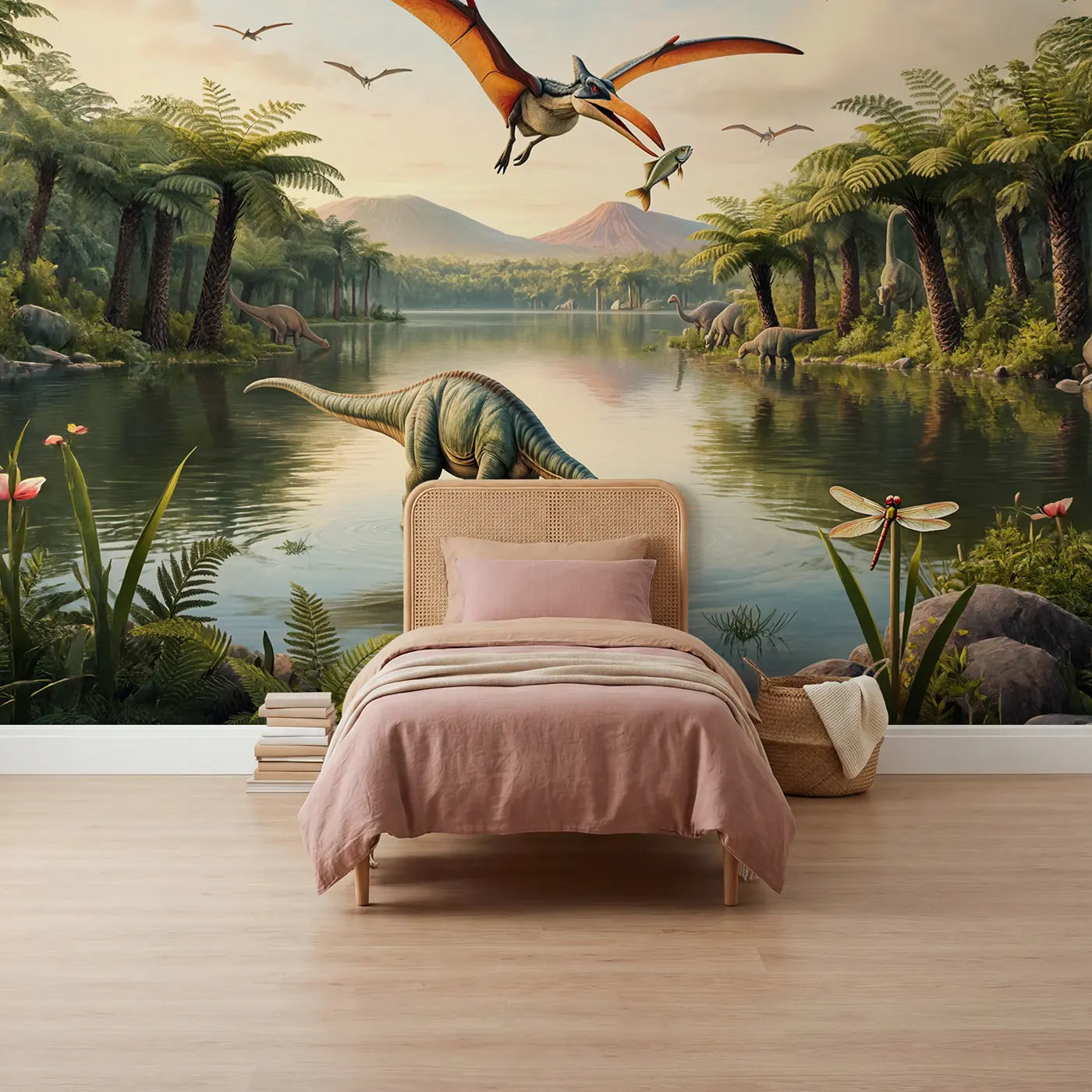 Soft pastel pterodactyl over lake wallpaper mural for girls room by Whimsy Tots