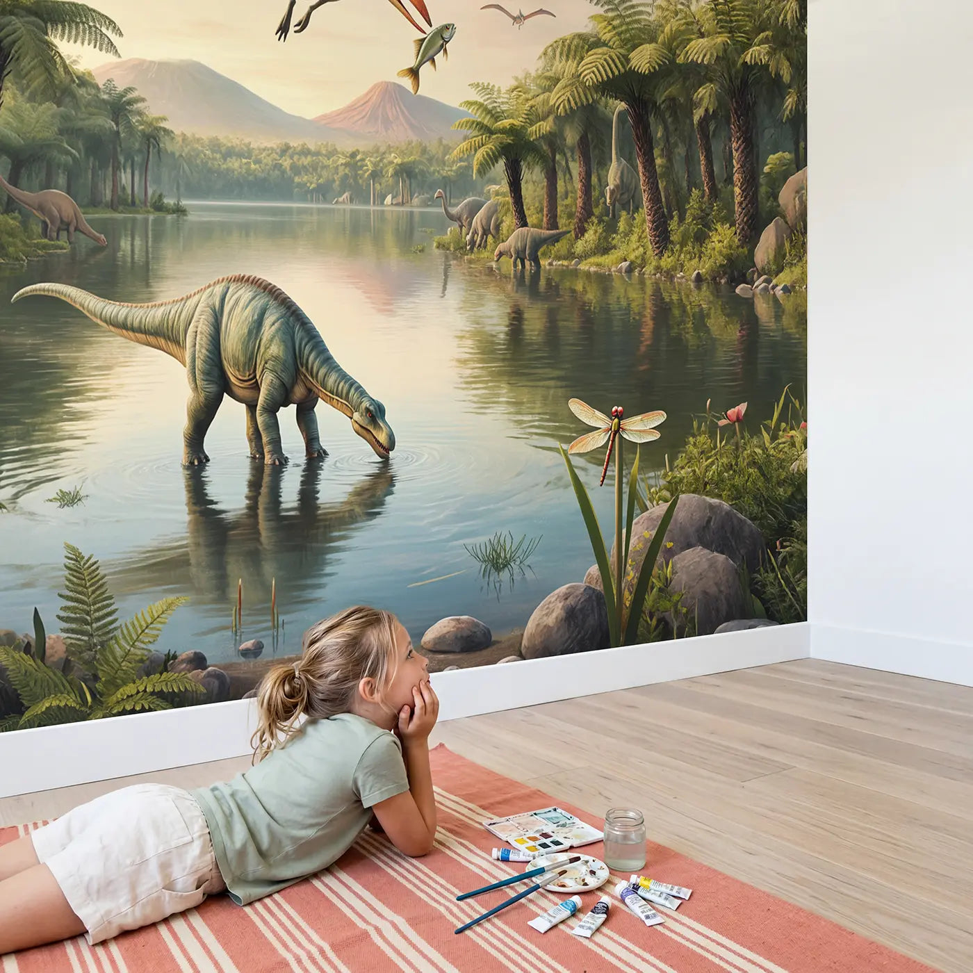 Child in nursery with Pterodactyl Fishing Lake Wallpaper Mural by Whimsy Tots