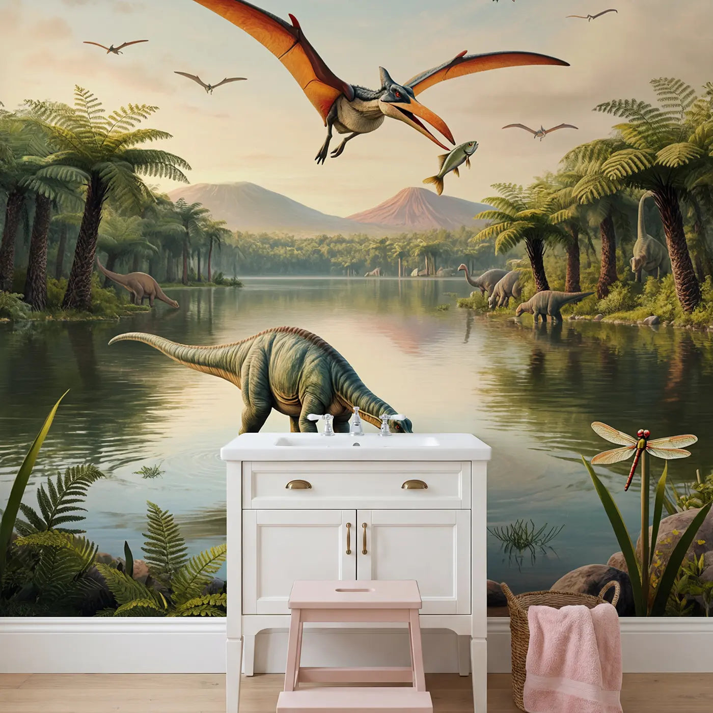 Pterodactyl Fishing Lake Wallpaper Mural in playroom setting by Whimsy Tots