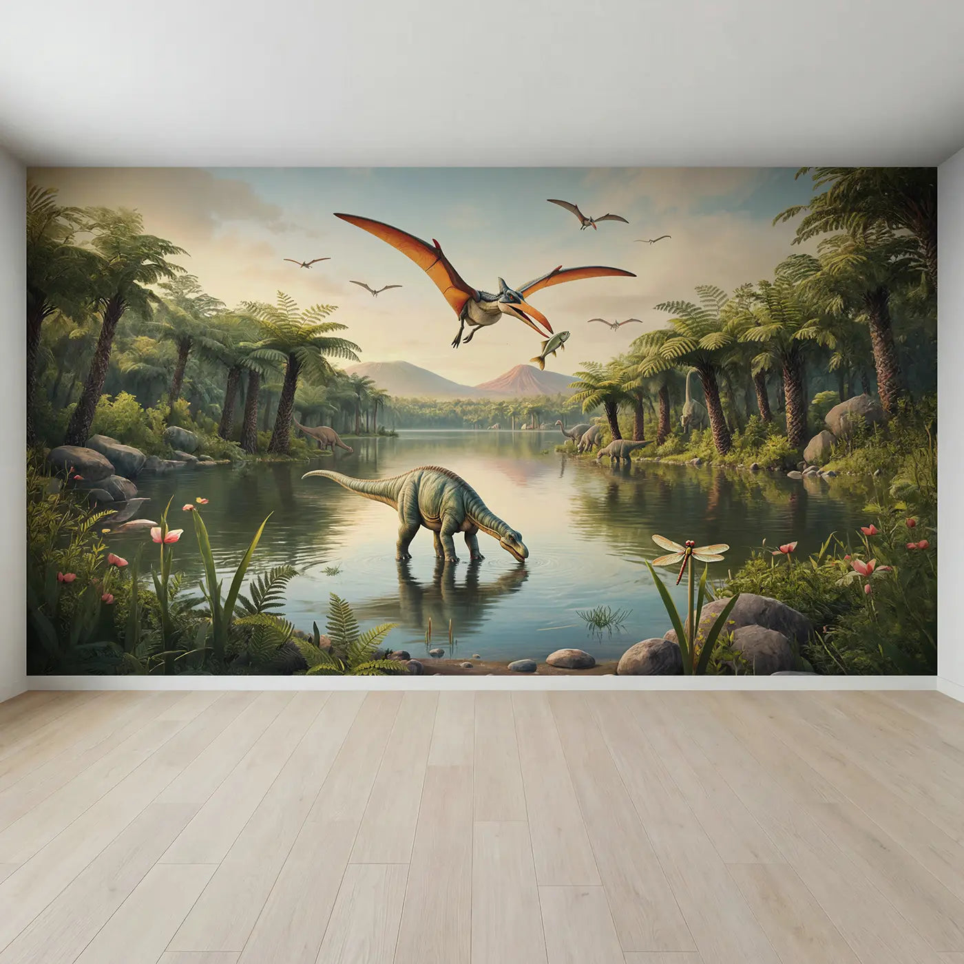 Full view of Pterodactyl Fishing Lake Wallpaper Mural by Whimsy Tots