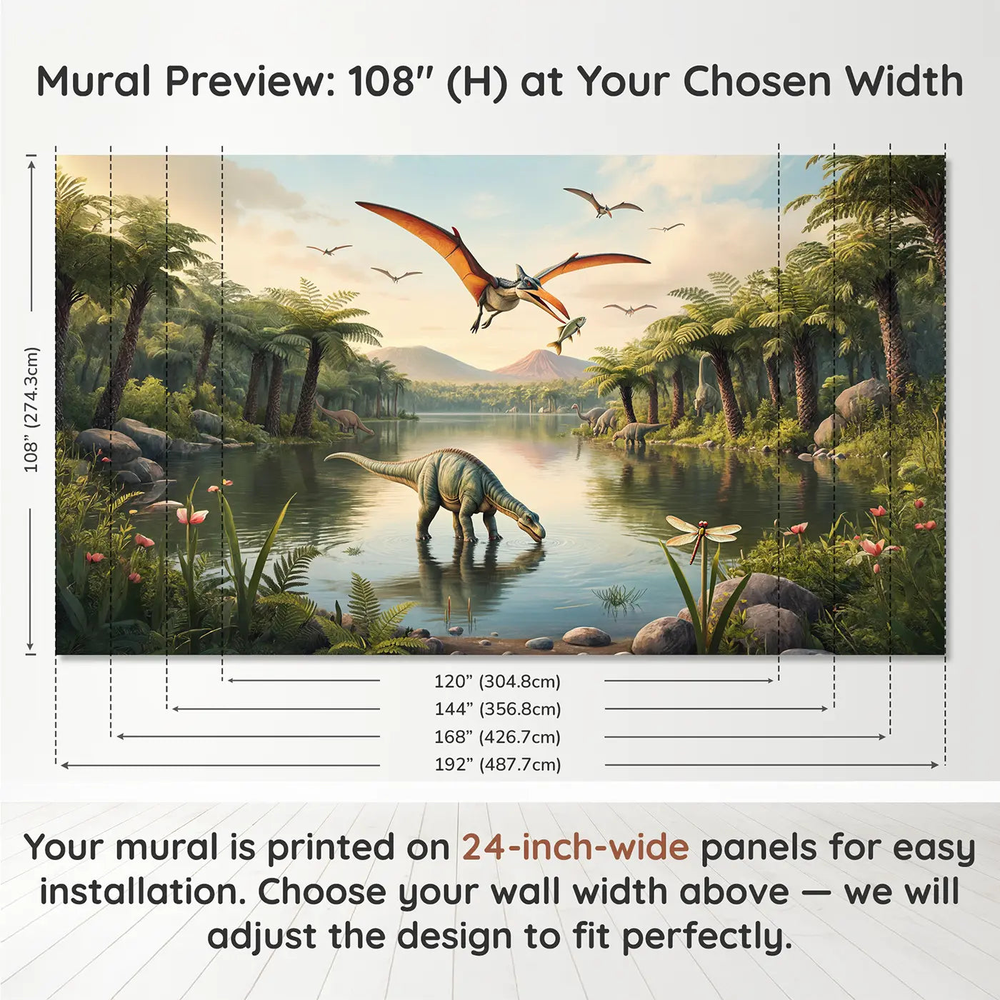 Panel layout and dimensions for Pterodactyl Fishing Lake Wallpaper Mural by Whimsy Tots