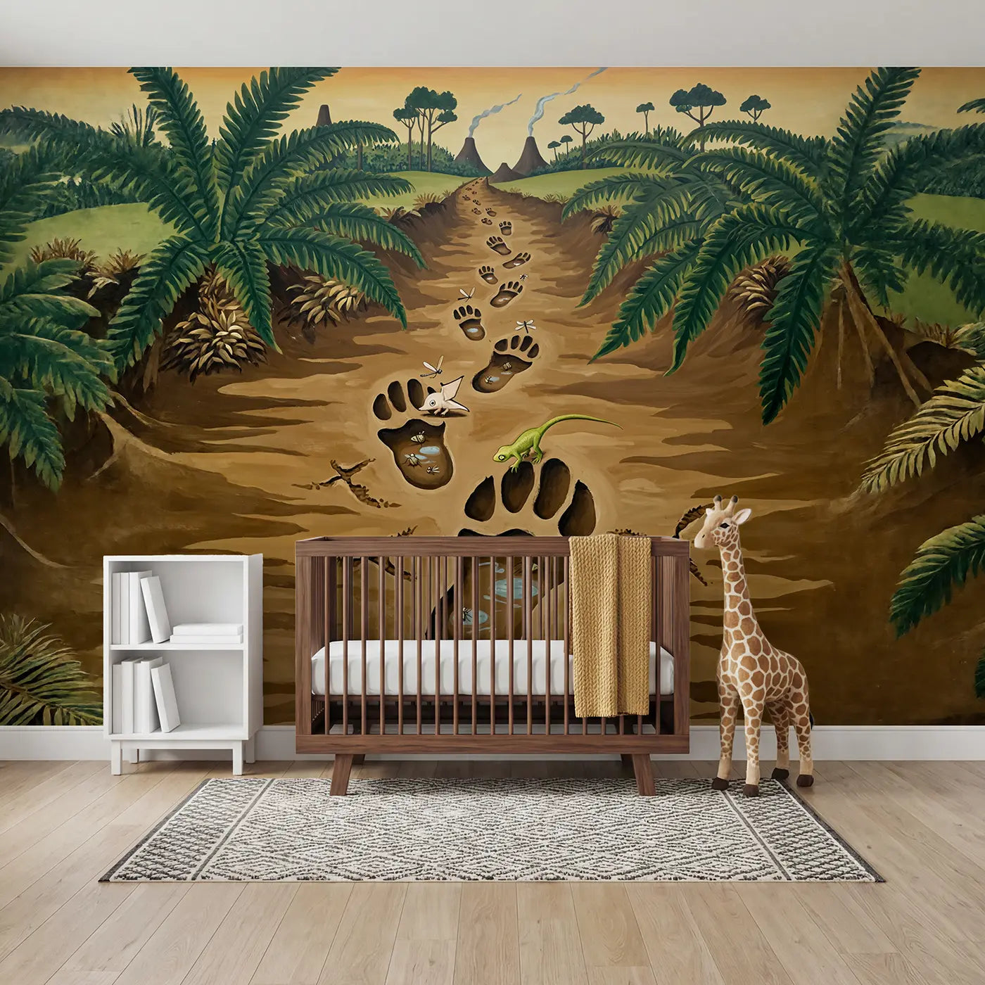 Modern illustration dinosaur footprint trail ferns wallpaper mural for kids room by Whimsy Tots