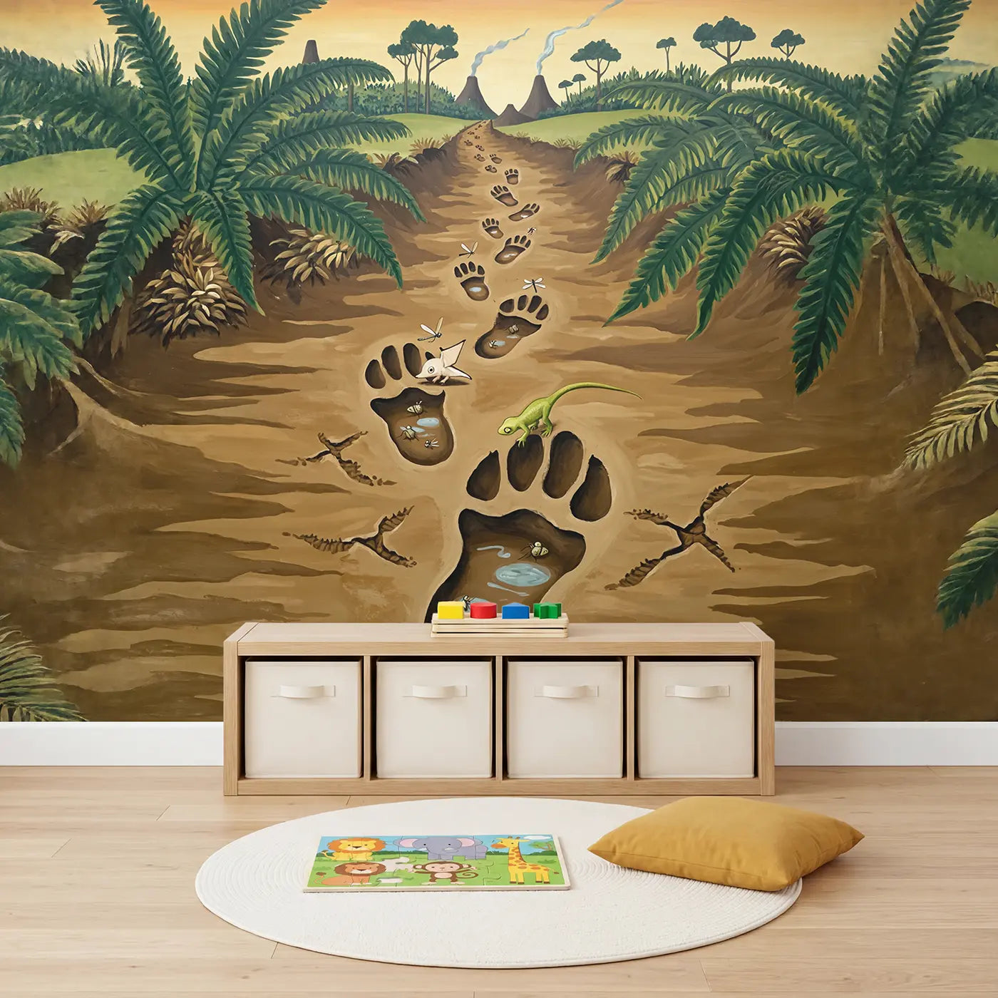 Dinosaur Footprint Trail Wallpaper Mural in playroom setting by Whimsy Tots