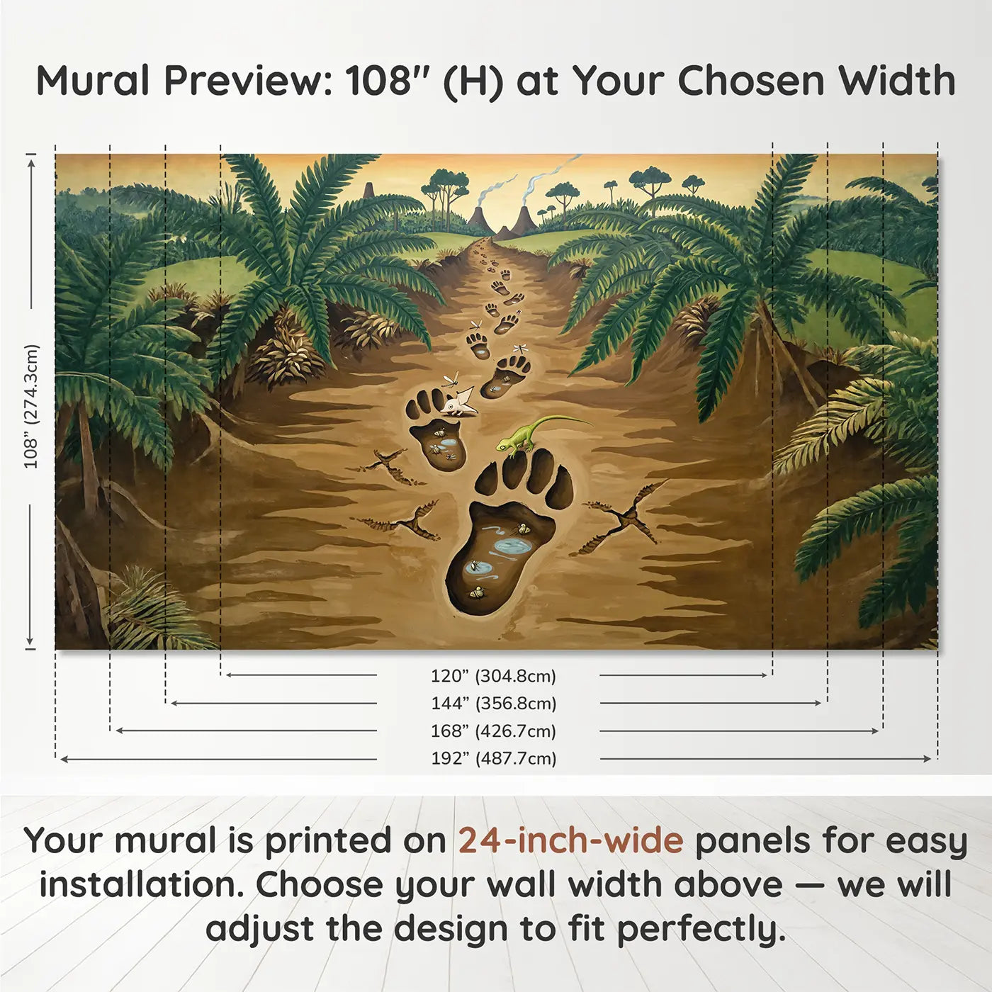 Panel layout and dimensions for Dinosaur Footprint Trail Wallpaper Mural by Whimsy Tots