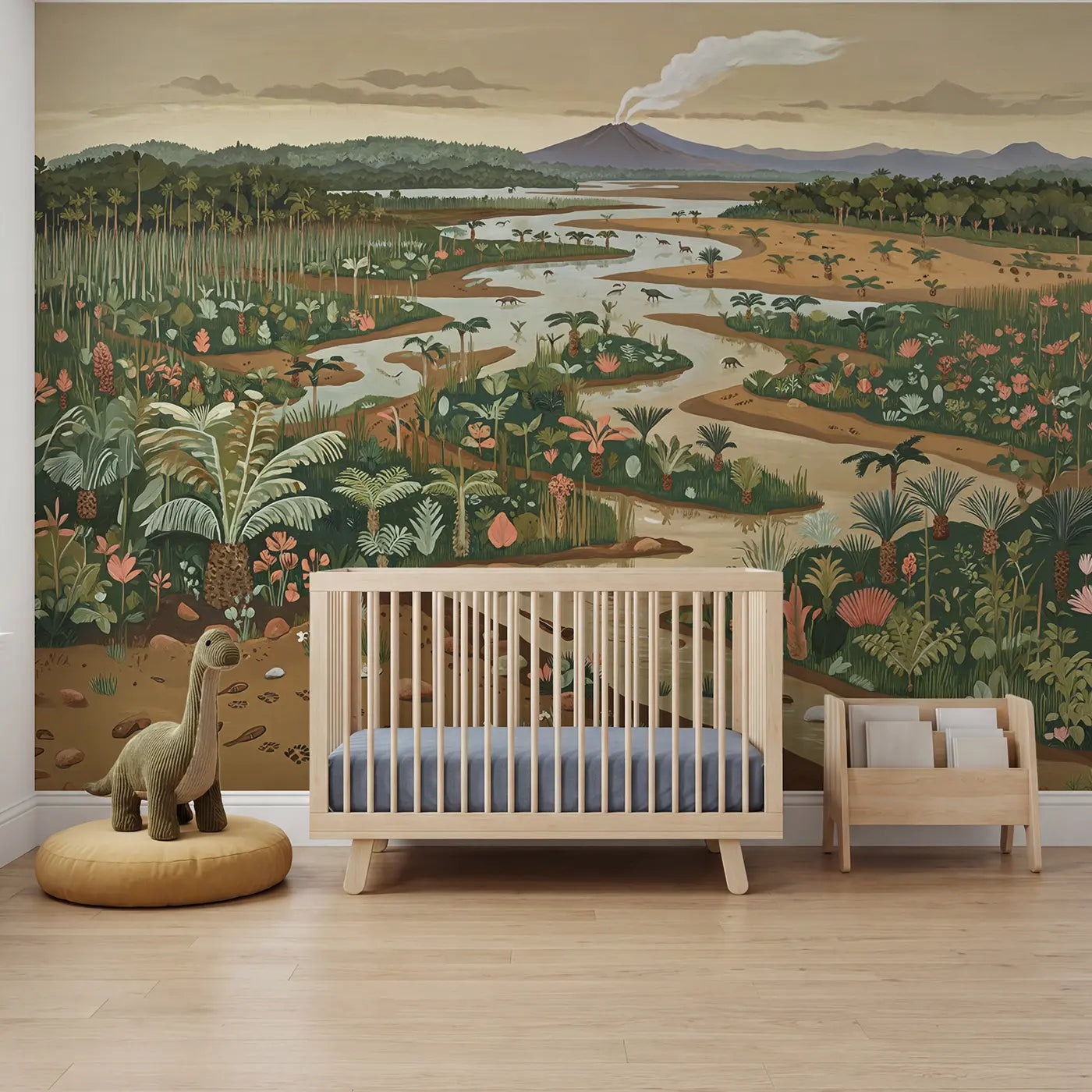 modern illustration prehistoric river delta ferns dinosaurs mural for nursery by Whimsy Tots