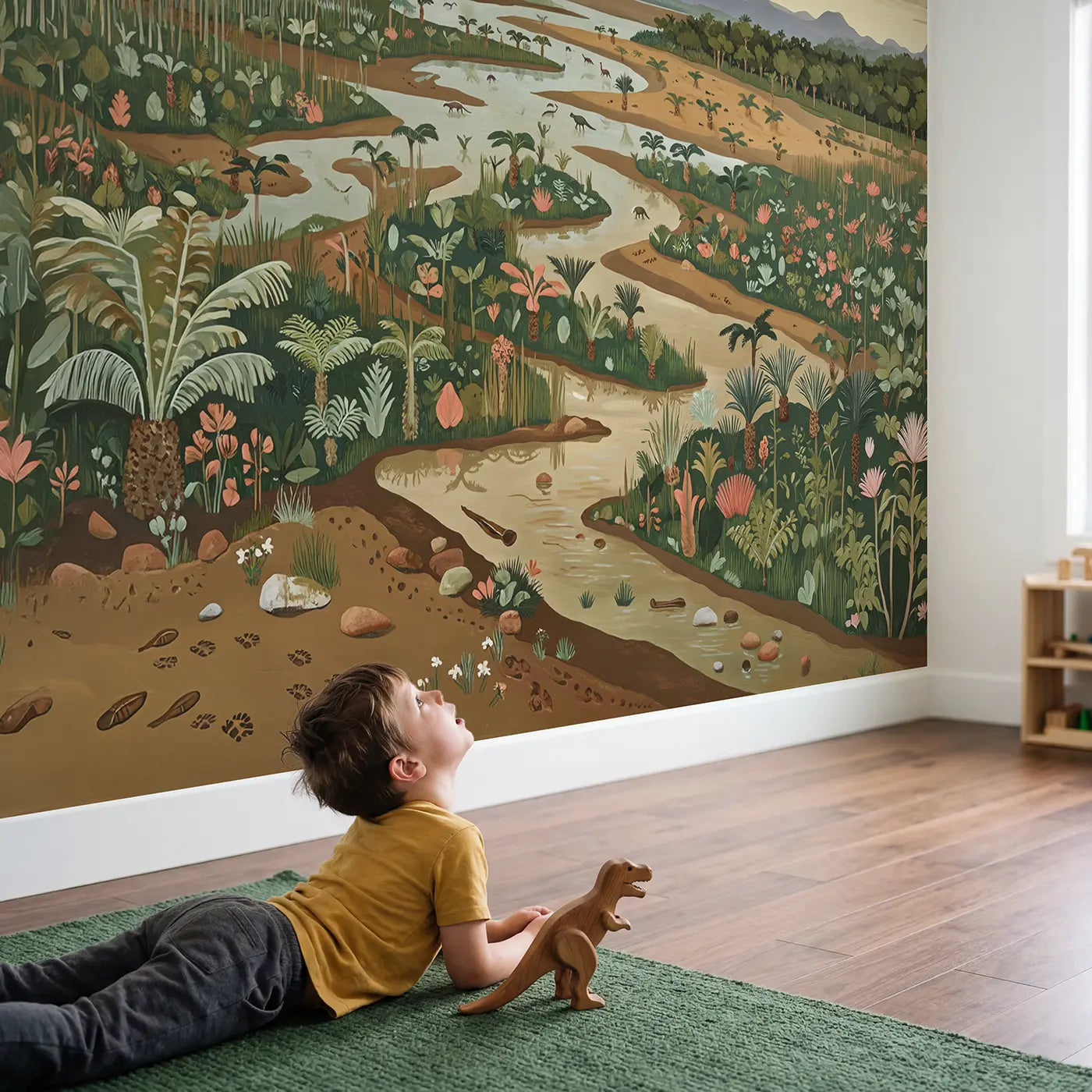 Child in nursery with Prehistoric River Delta Wallpaper Mural by Whimsy Tots