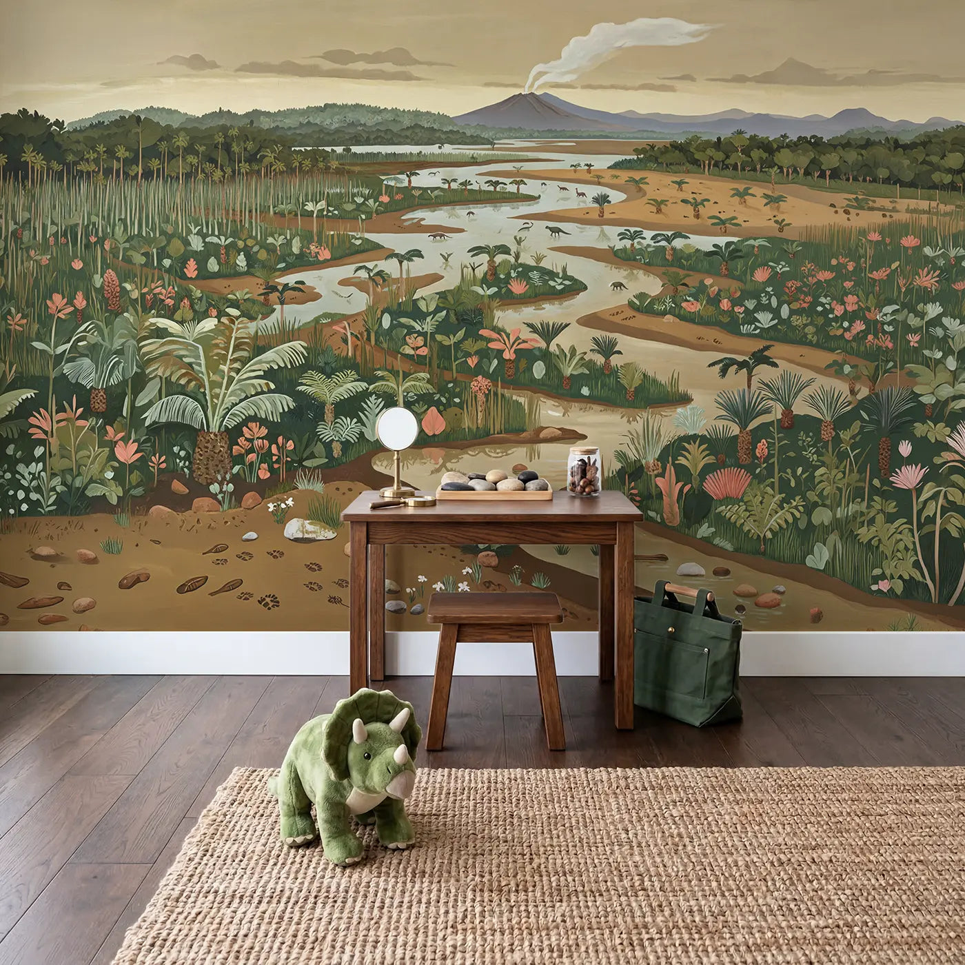 Prehistoric River Delta Wallpaper Mural in playroom setting by Whimsy Tots