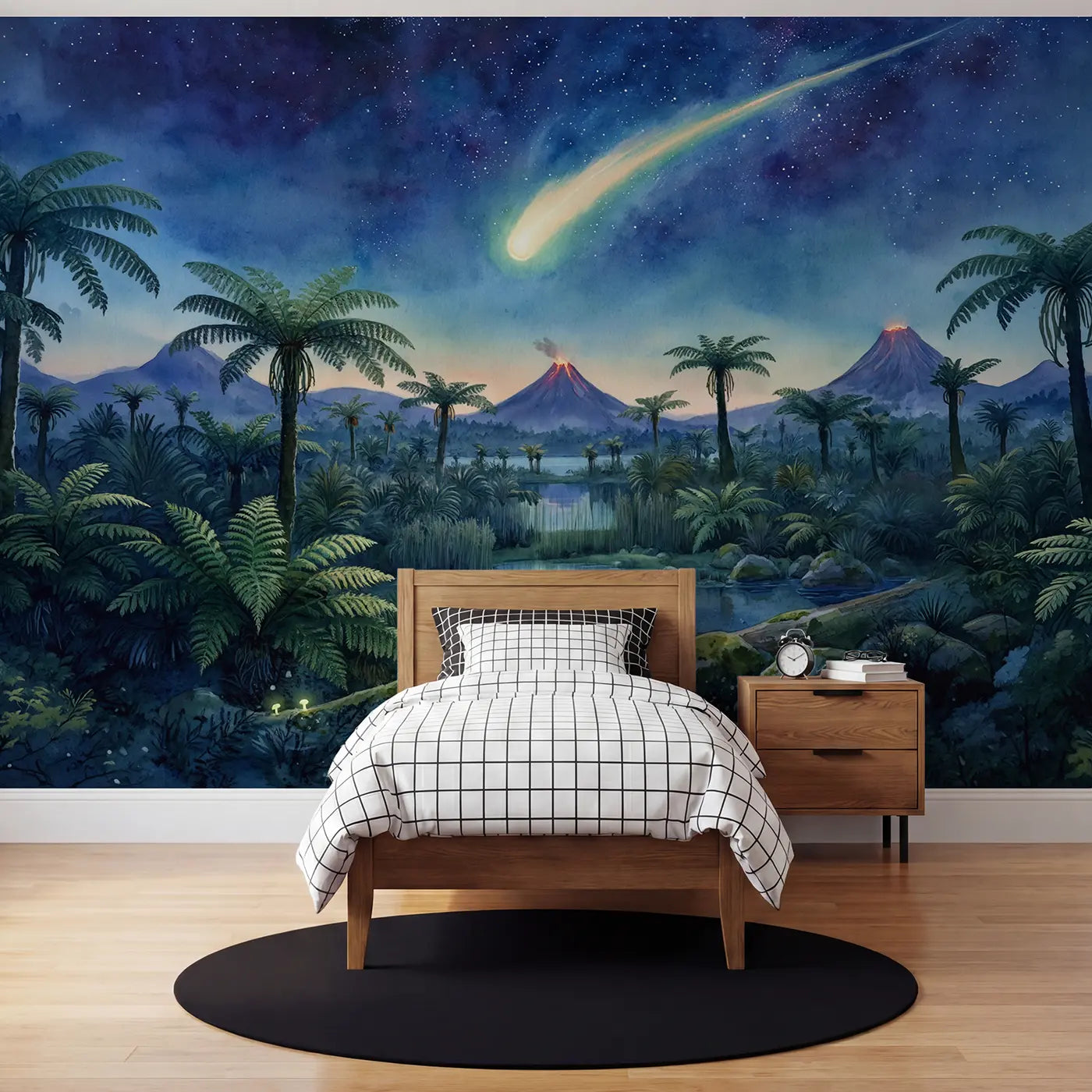 Watercolor meteor shower over dinosaurs wallpaper mural for kids room by Whimsy Tots