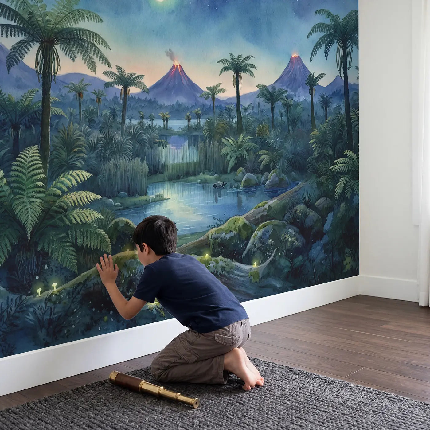 Child in nursery with Prehistoric Meteor Night Wallpaper Mural by Whimsy Tots