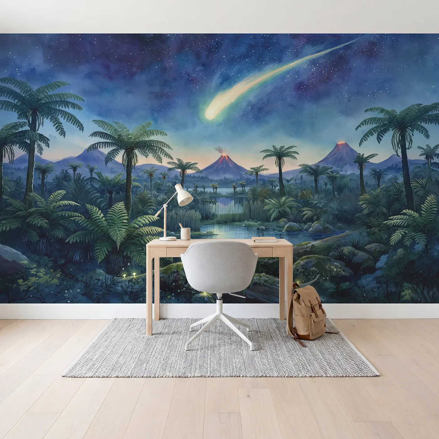 Prehistoric Meteor Night Wallpaper Mural in playroom setting by Whimsy Tots
