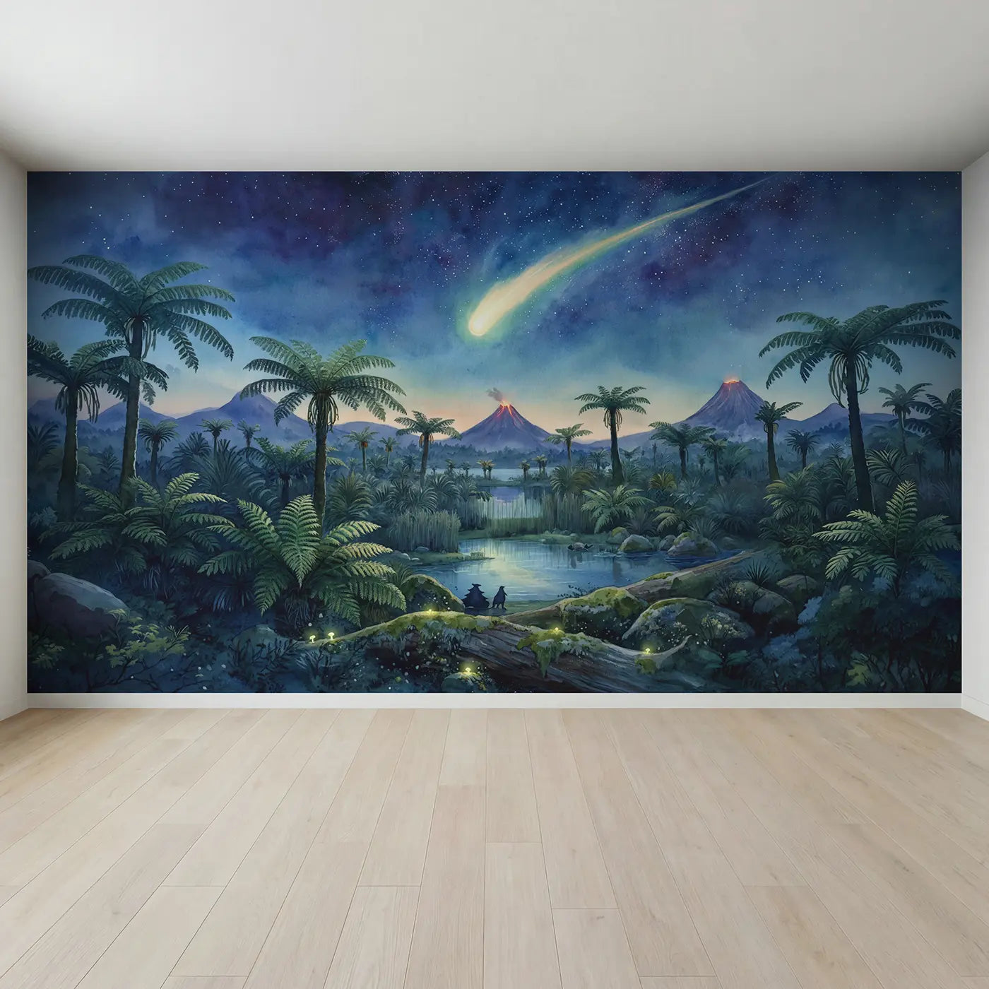 Full view of Prehistoric Meteor Night Wallpaper Mural by Whimsy Tots