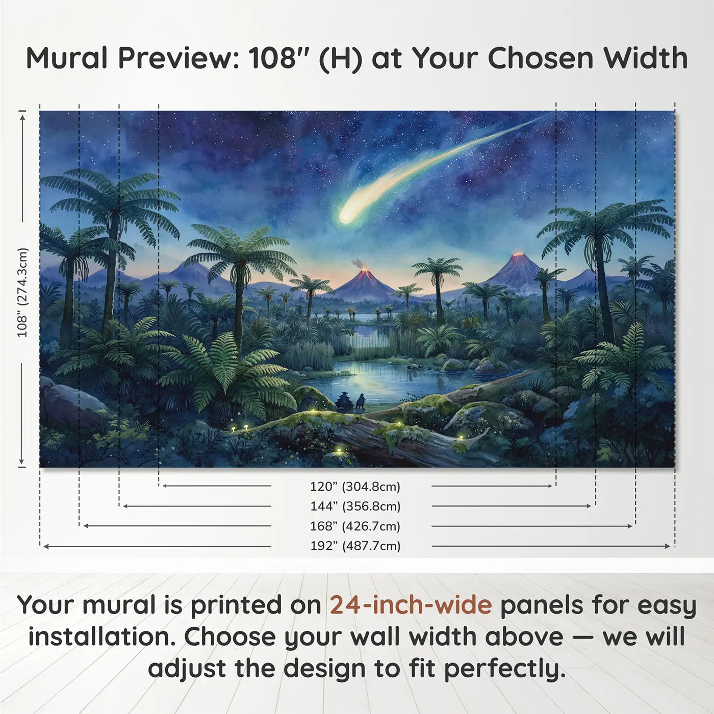 Panel layout and dimensions for Prehistoric Meteor Night Wallpaper Mural by Whimsy Tots
