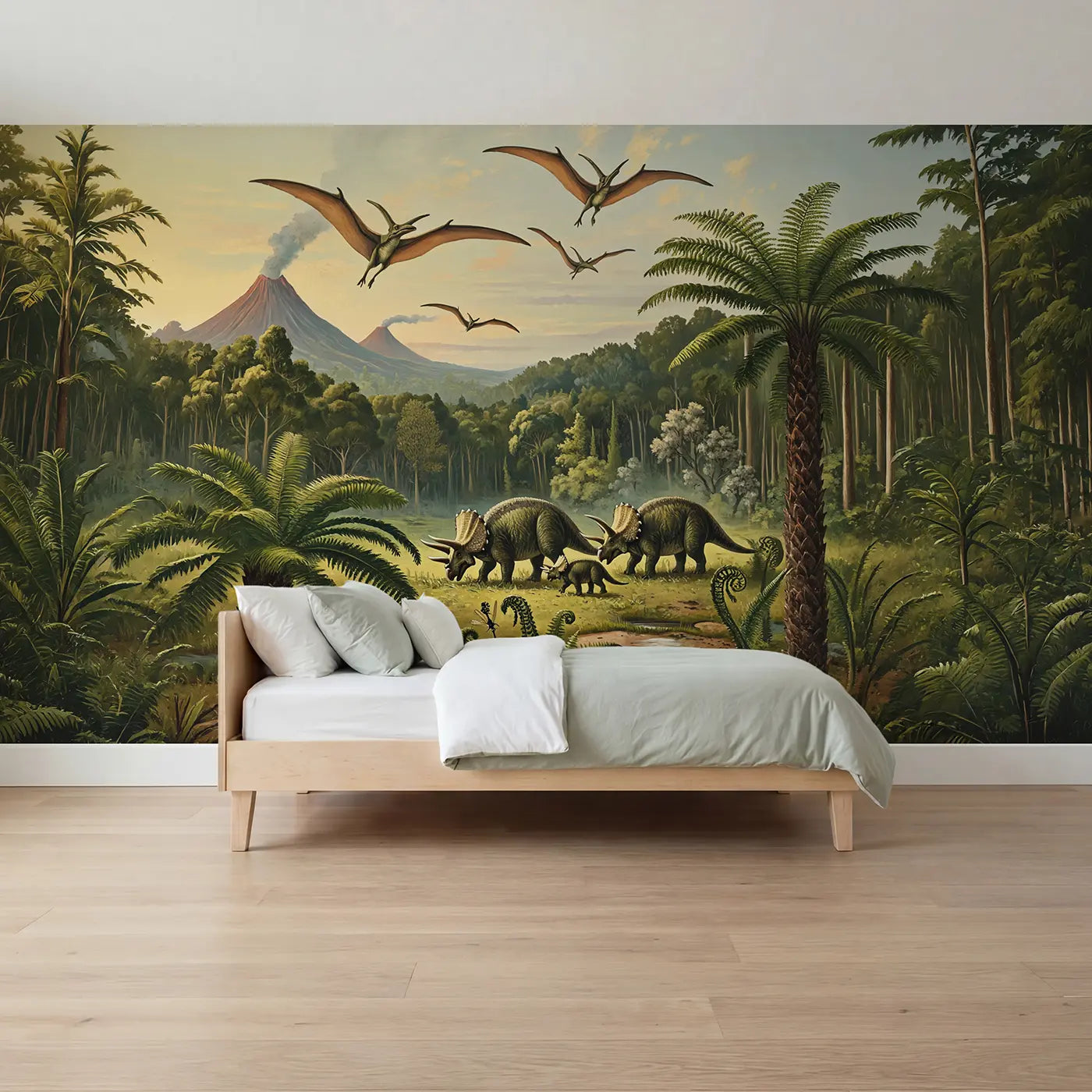 Painted landscape triceratops pterodactyl valley wallpaper mural for boys room by Whimsy Tots