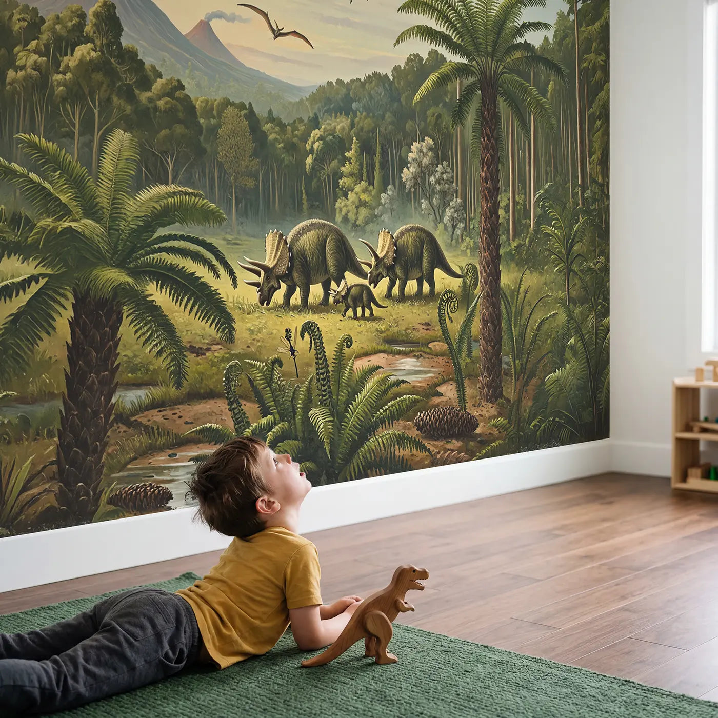 Child in nursery with Triceratops Family Pterodactyl Valley Wallpaper Mural by Whimsy Tots