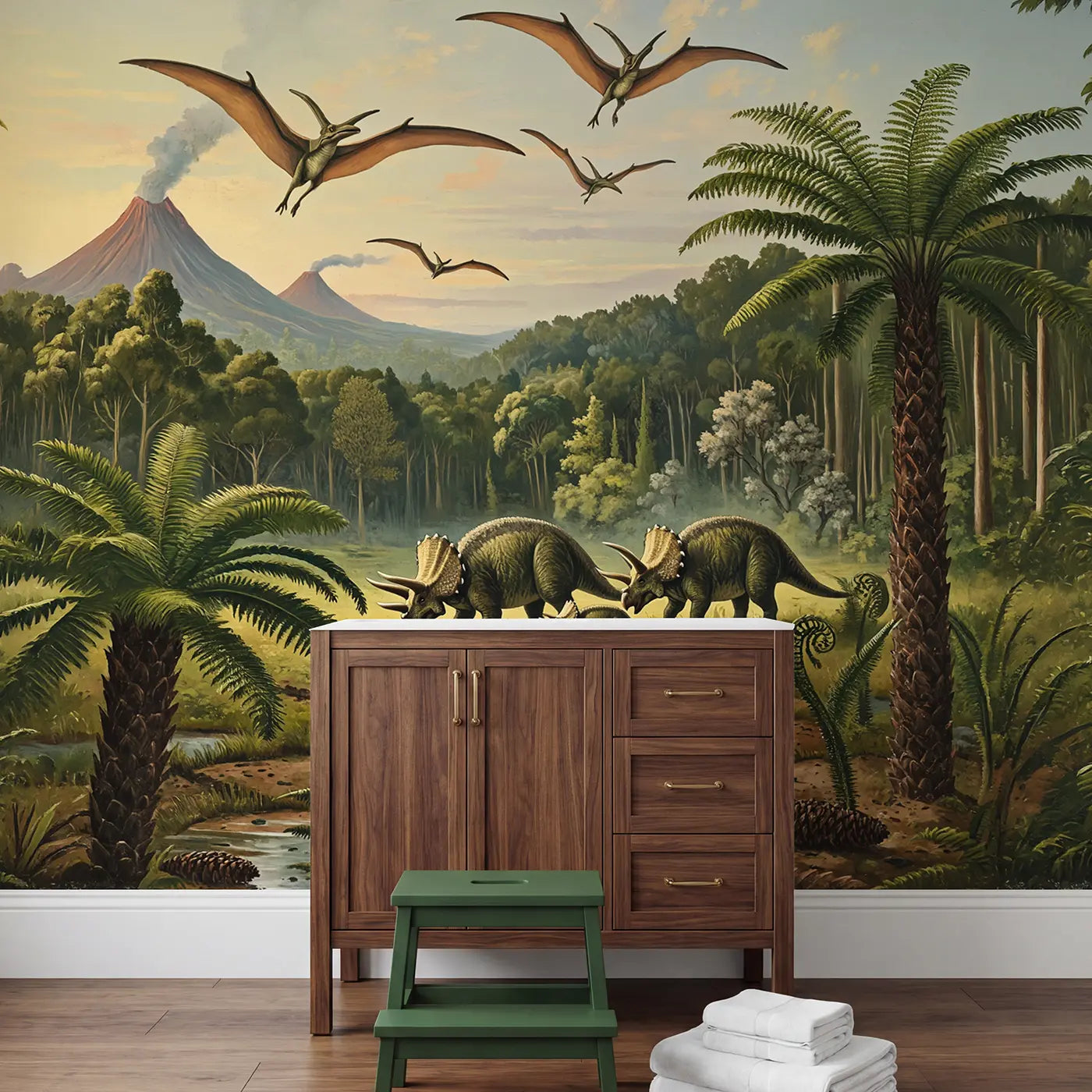 Triceratops Family Pterodactyl Valley Wallpaper Mural in playroom setting by Whimsy Tots