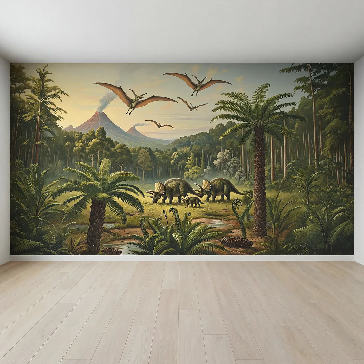 Full view of Triceratops Family Pterodactyl Valley Wallpaper Mural by Whimsy Tots