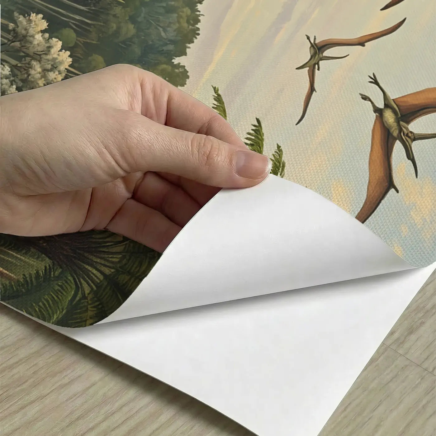 Peel-and-stick detail of Triceratops Family Pterodactyl Valley Wallpaper Mural by Whimsy Tots