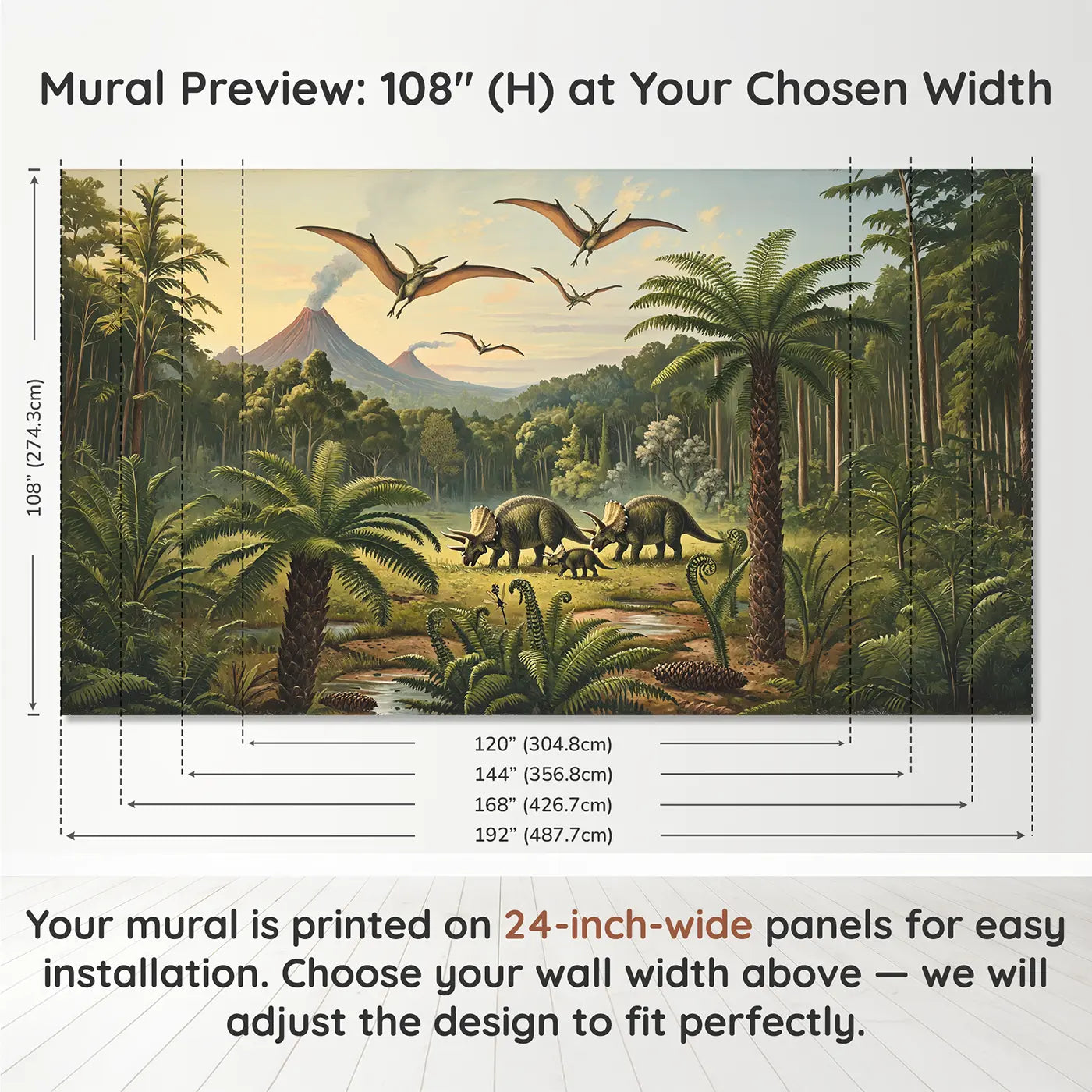 Panel layout and dimensions for Triceratops Family Pterodactyl Valley Wallpaper Mural by Whimsy Tots