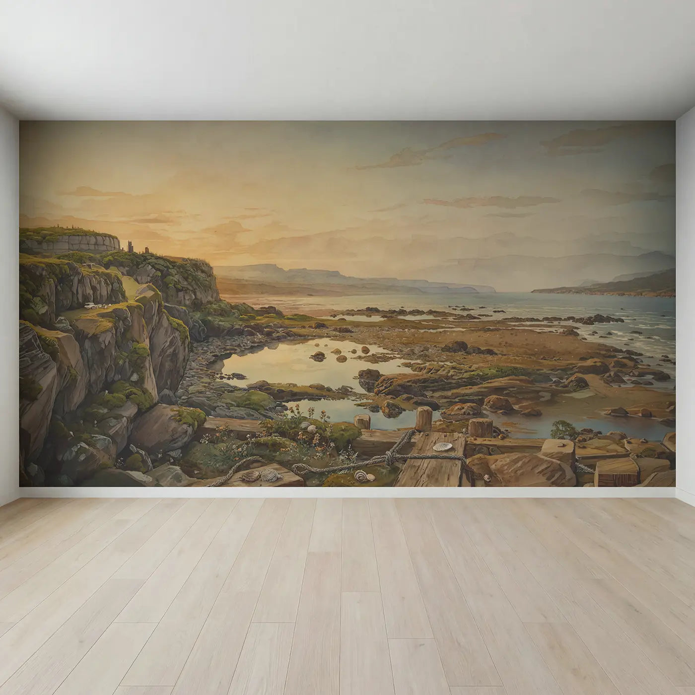 Full view of Prehistoric Coastline Rocky Pools Wallpaper Mural by Whimsy Tots