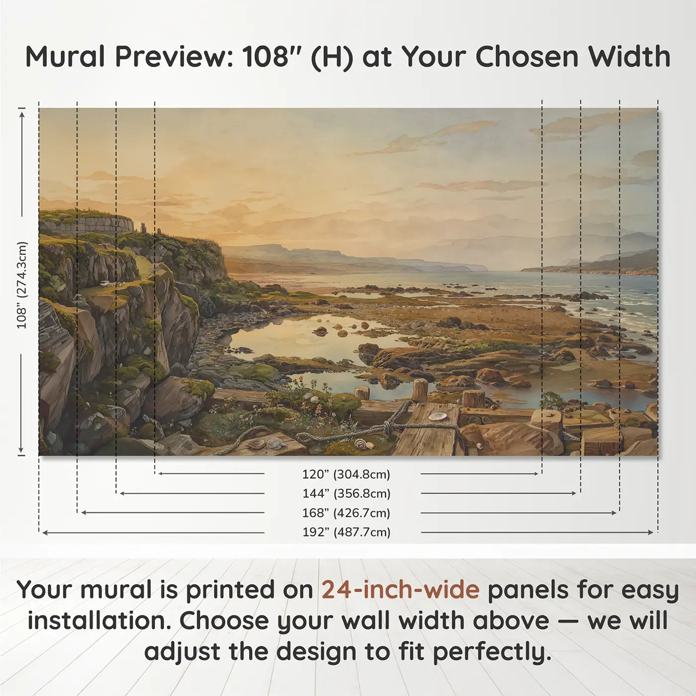 Panel layout and dimensions for Prehistoric Coastline Rocky Pools Wallpaper Mural by Whimsy Tots