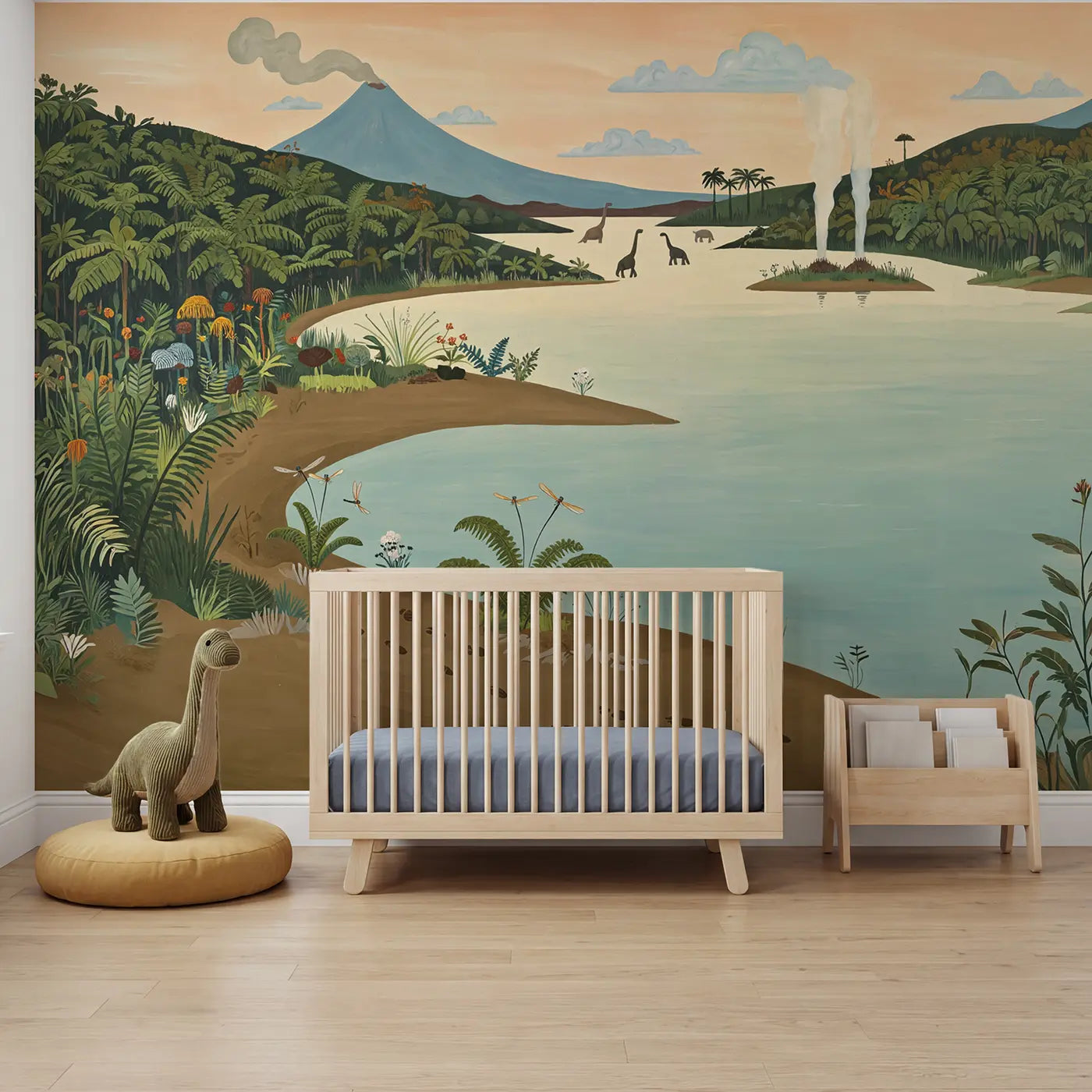 Modern illustration dinosaurs at misty lake wallpaper mural for boys room by Whimsy Tots