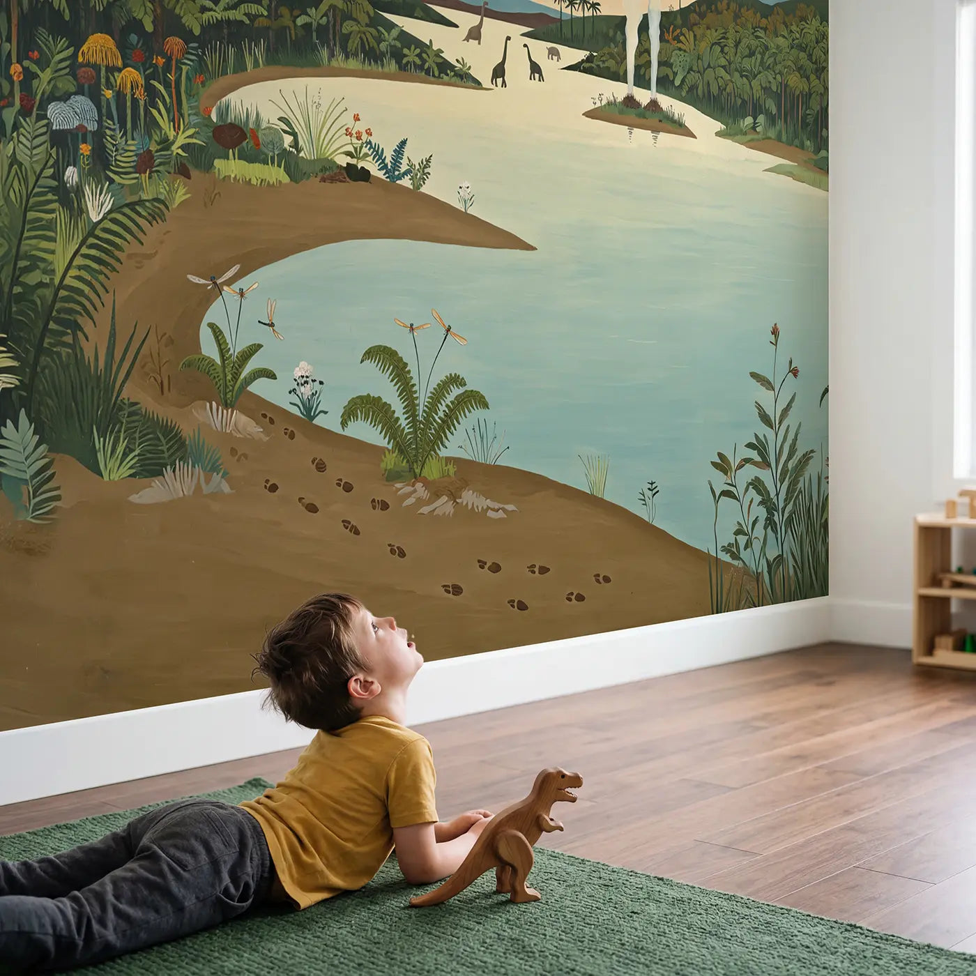 Child in nursery with Prehistoric Morning Lake Wallpaper Mural by Whimsy Tots