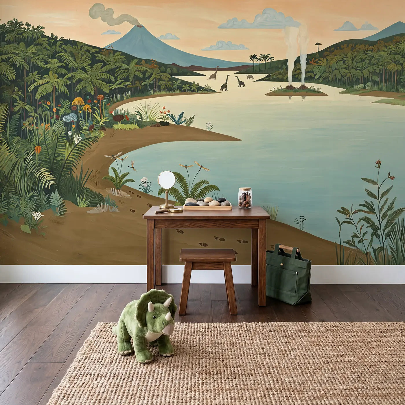 Prehistoric Morning Lake Wallpaper Mural in playroom setting by Whimsy Tots