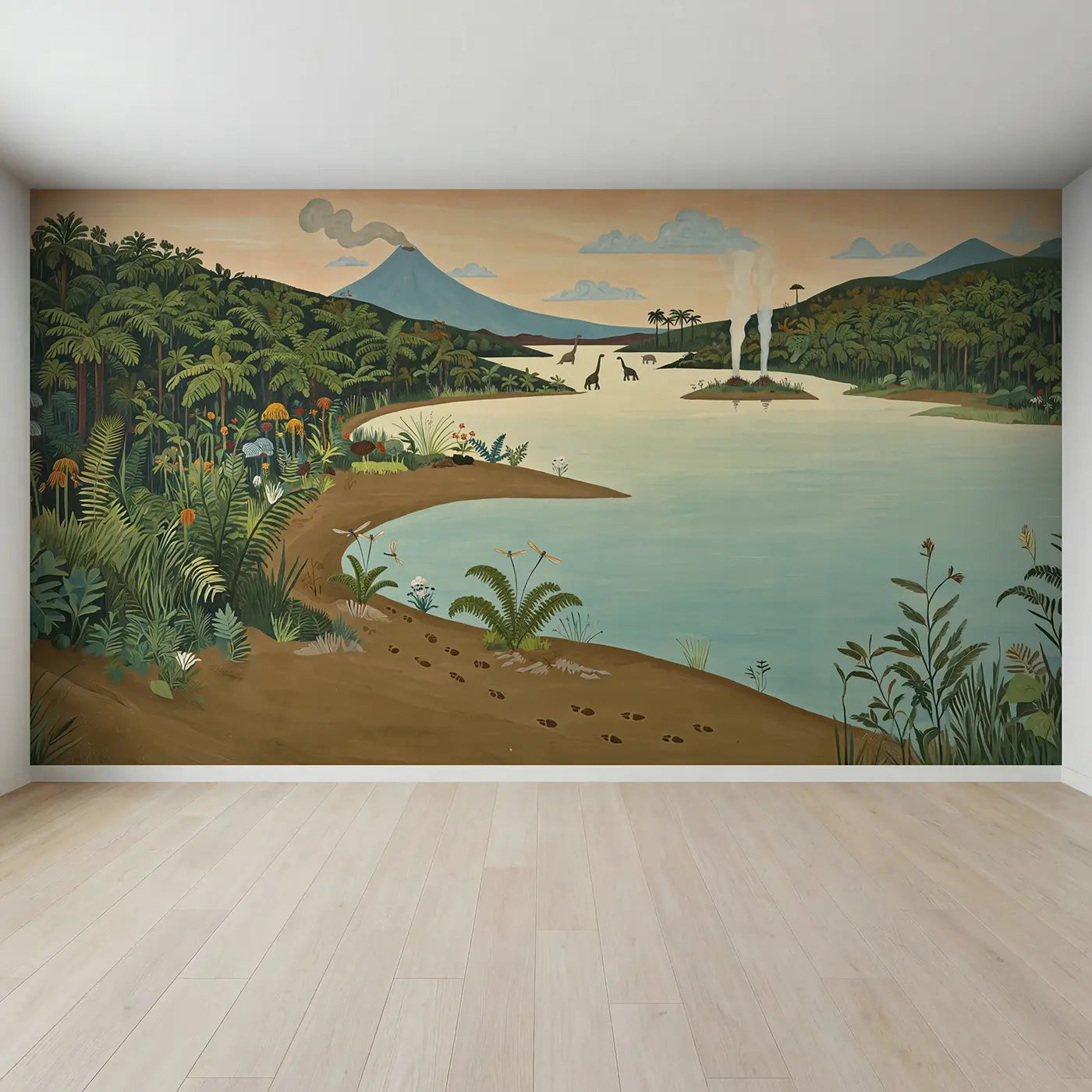 Full view of Prehistoric Morning Lake Wallpaper Mural by Whimsy Tots
