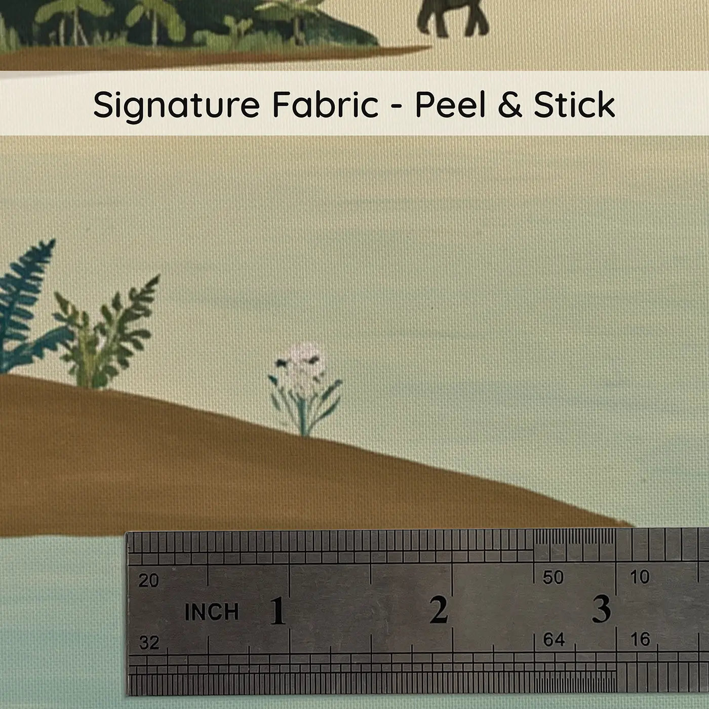 Fabric texture close-up of Prehistoric Morning Lake Wallpaper Mural by Whimsy Tots