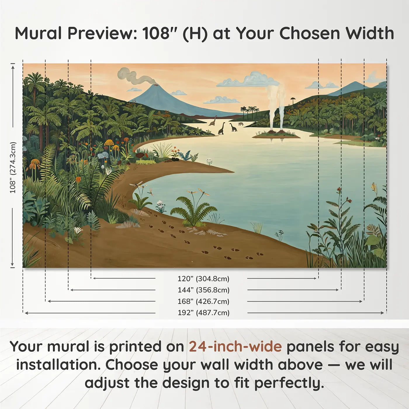 Panel layout and dimensions for Prehistoric Morning Lake Wallpaper Mural by Whimsy Tots