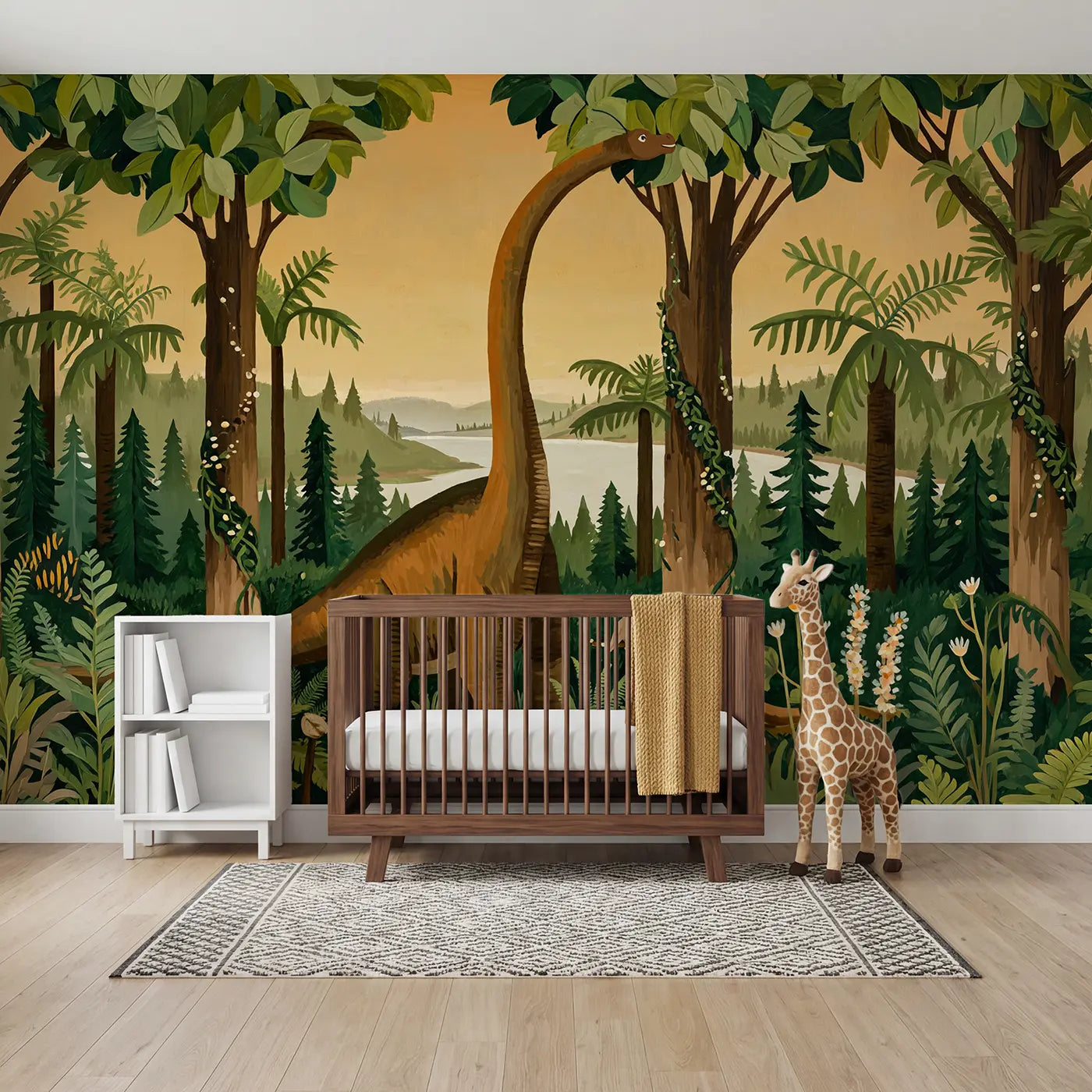 Modern illustration brontosaurus treetop valley wallpaper mural for kids room by Whimsy Tots