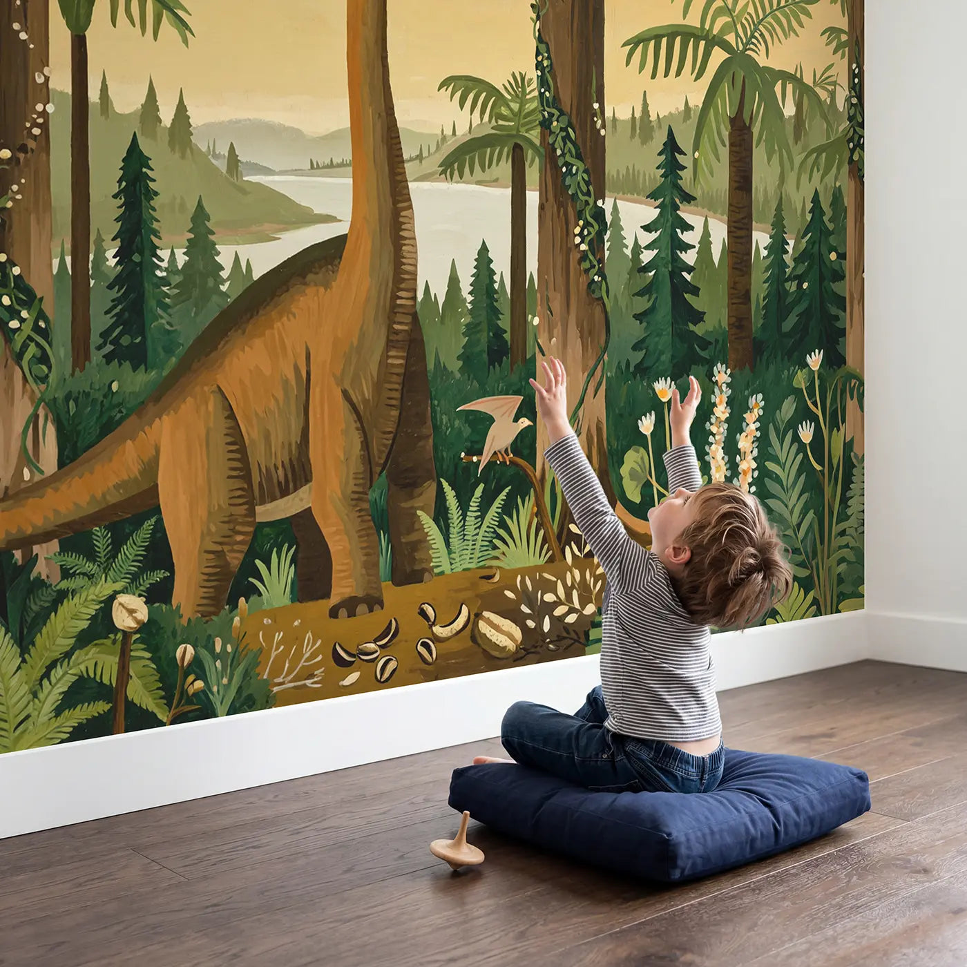 Child in nursery with Treetop Brontosaurus Wallpaper Mural by Whimsy Tots