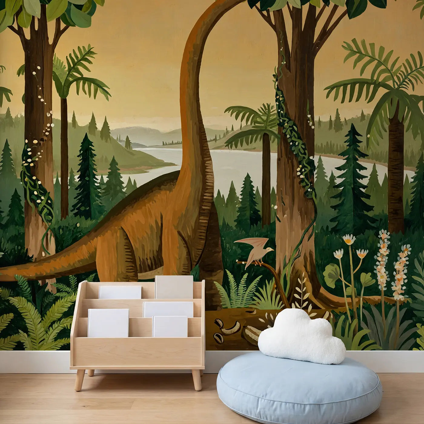 Treetop Brontosaurus Wallpaper Mural in playroom setting by Whimsy Tots