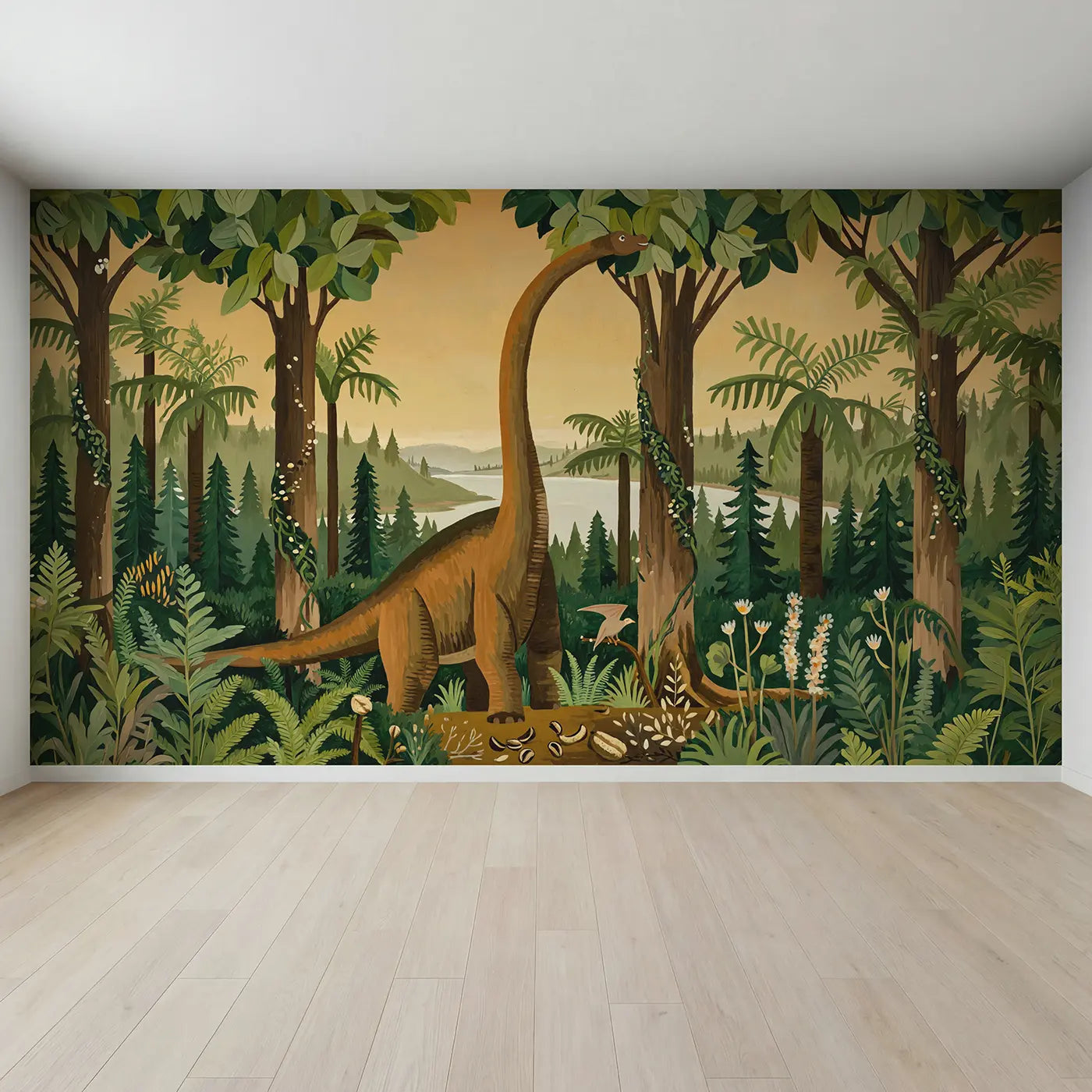 Full view of Treetop Brontosaurus Wallpaper Mural by Whimsy Tots