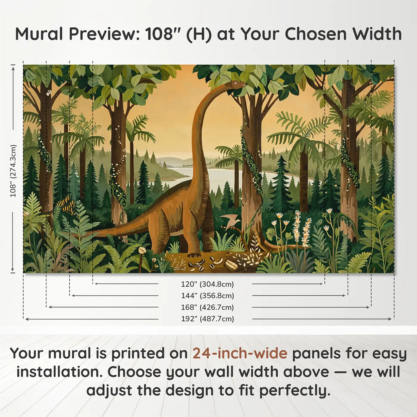 Panel layout and dimensions for Treetop Brontosaurus Wallpaper Mural by Whimsy Tots