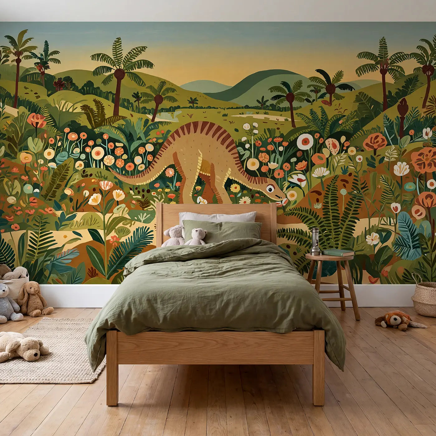 Gouache illustration prehistoric and fern wallpaper mural for kids room by Whimsy Tots