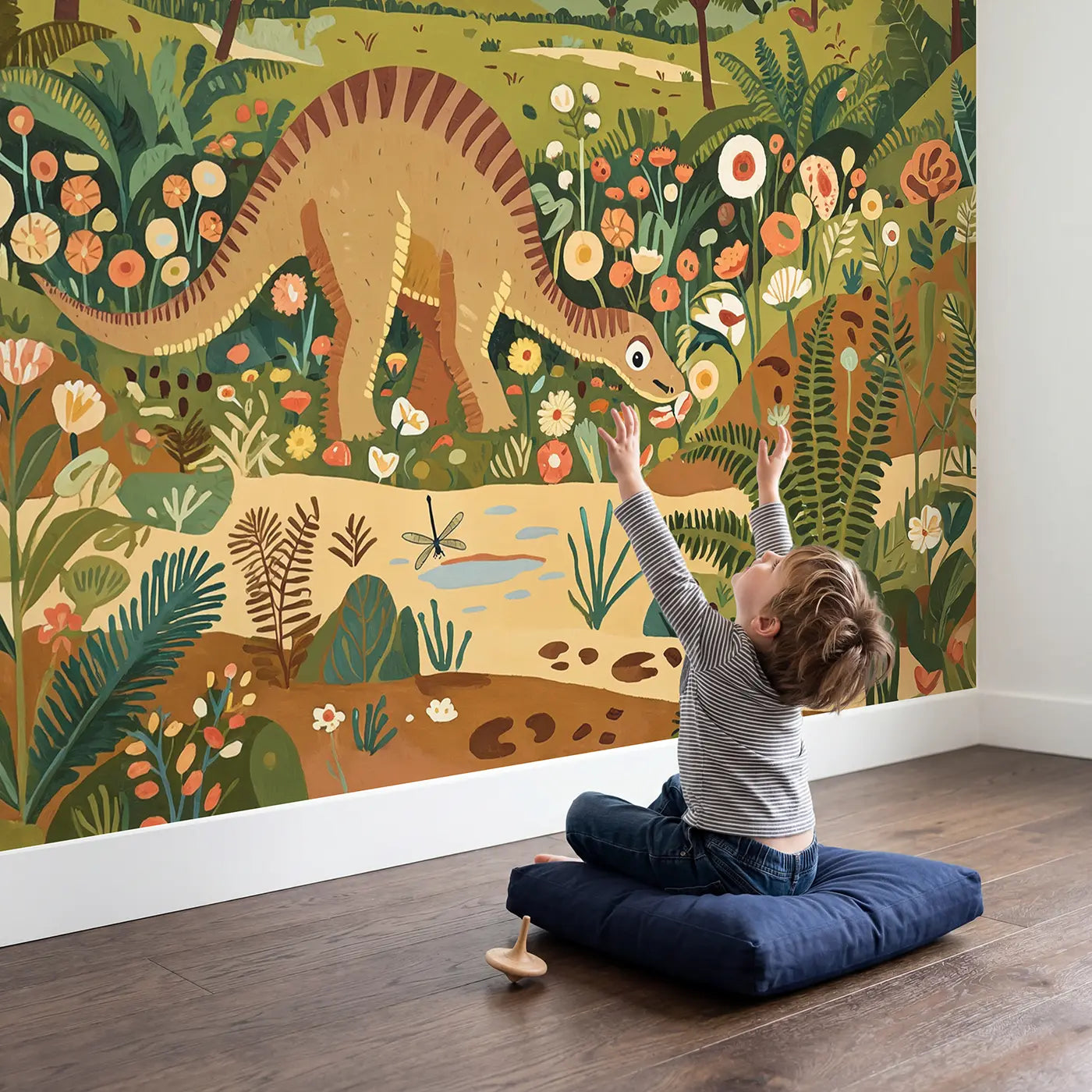 Child in nursery with Iguanodon Spring Meadow Wallpaper Mural by Whimsy Tots