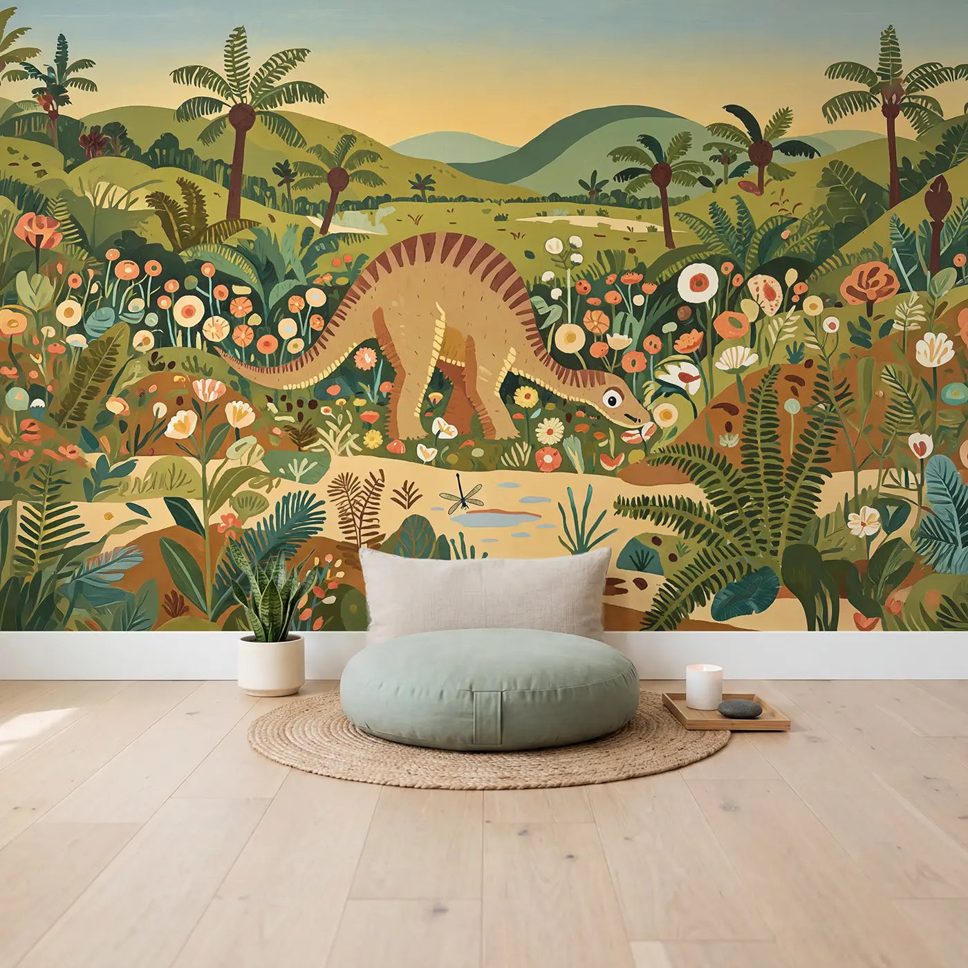 Iguanodon Spring Meadow Wallpaper Mural in playroom setting by Whimsy Tots