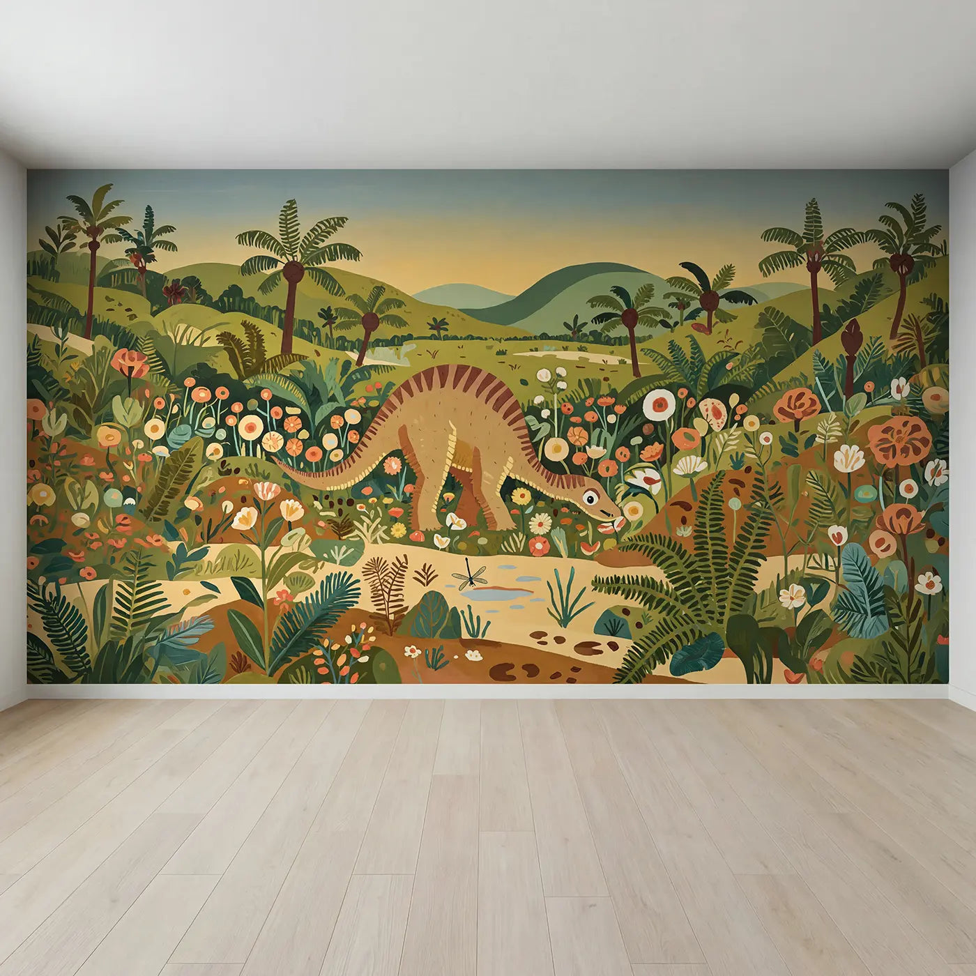 Full view of Iguanodon Spring Meadow Wallpaper Mural by Whimsy Tots