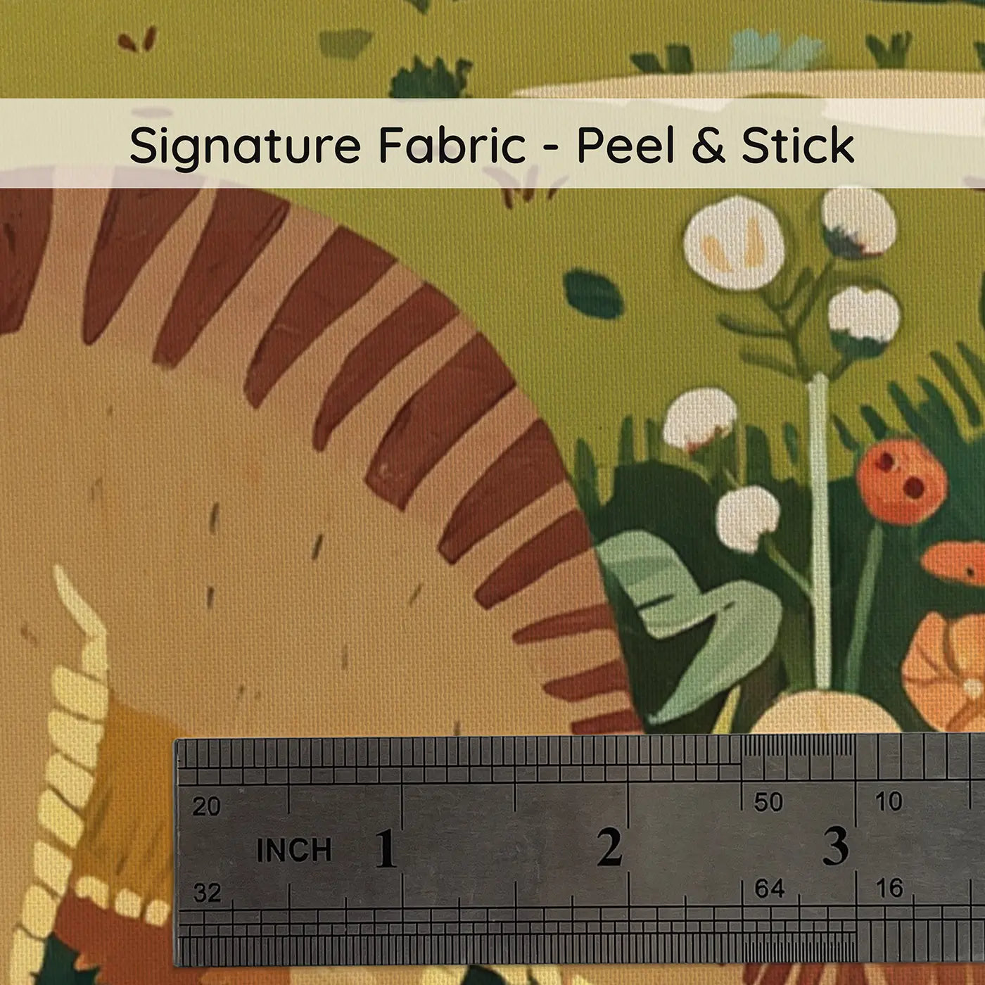 Fabric texture close-up of Iguanodon Spring Meadow Wallpaper Mural by Whimsy Tots
