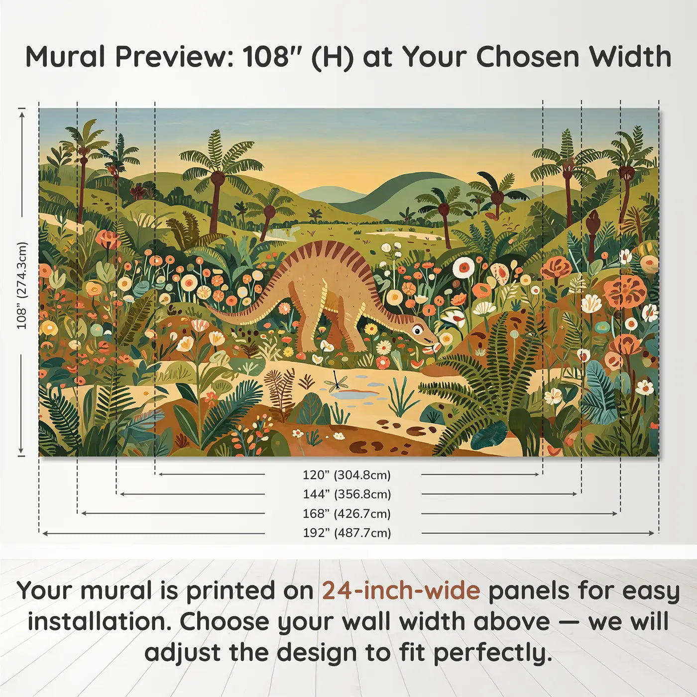 Panel layout and dimensions for Iguanodon Spring Meadow Wallpaper Mural by Whimsy Tots
