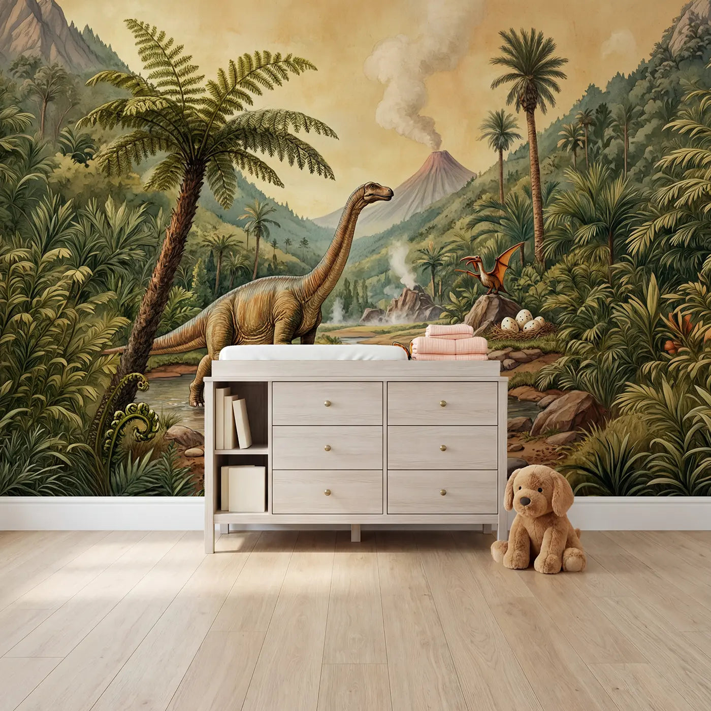 Storybook brontosaurus and stegosaurus prehistoric wallpaper mural for girls room by Whimsy Tots