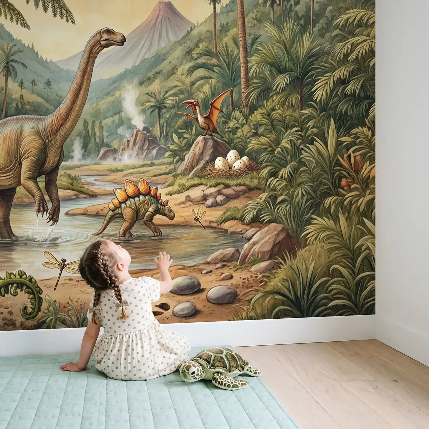 Child in nursery with Dino Discovery Valley Wallpaper Mural by Whimsy Tots