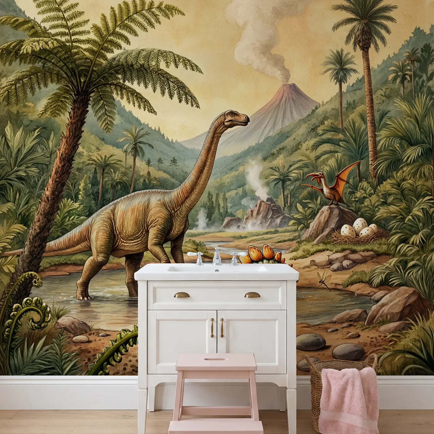 Dino Discovery Valley Wallpaper Mural in playroom setting by Whimsy Tots