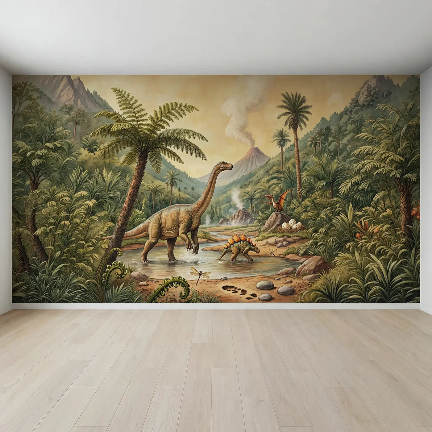 Full view of Dino Discovery Valley Wallpaper Mural by Whimsy Tots