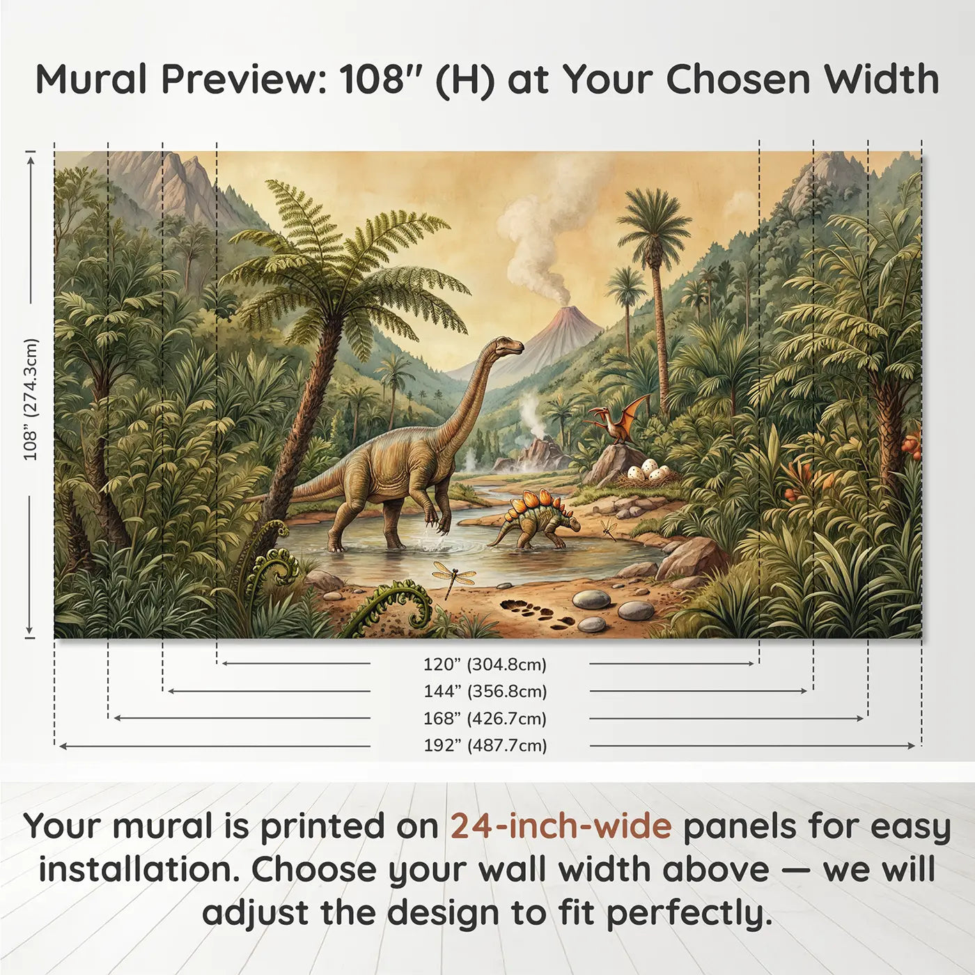 Panel layout and dimensions for Dino Discovery Valley Wallpaper Mural by Whimsy Tots
