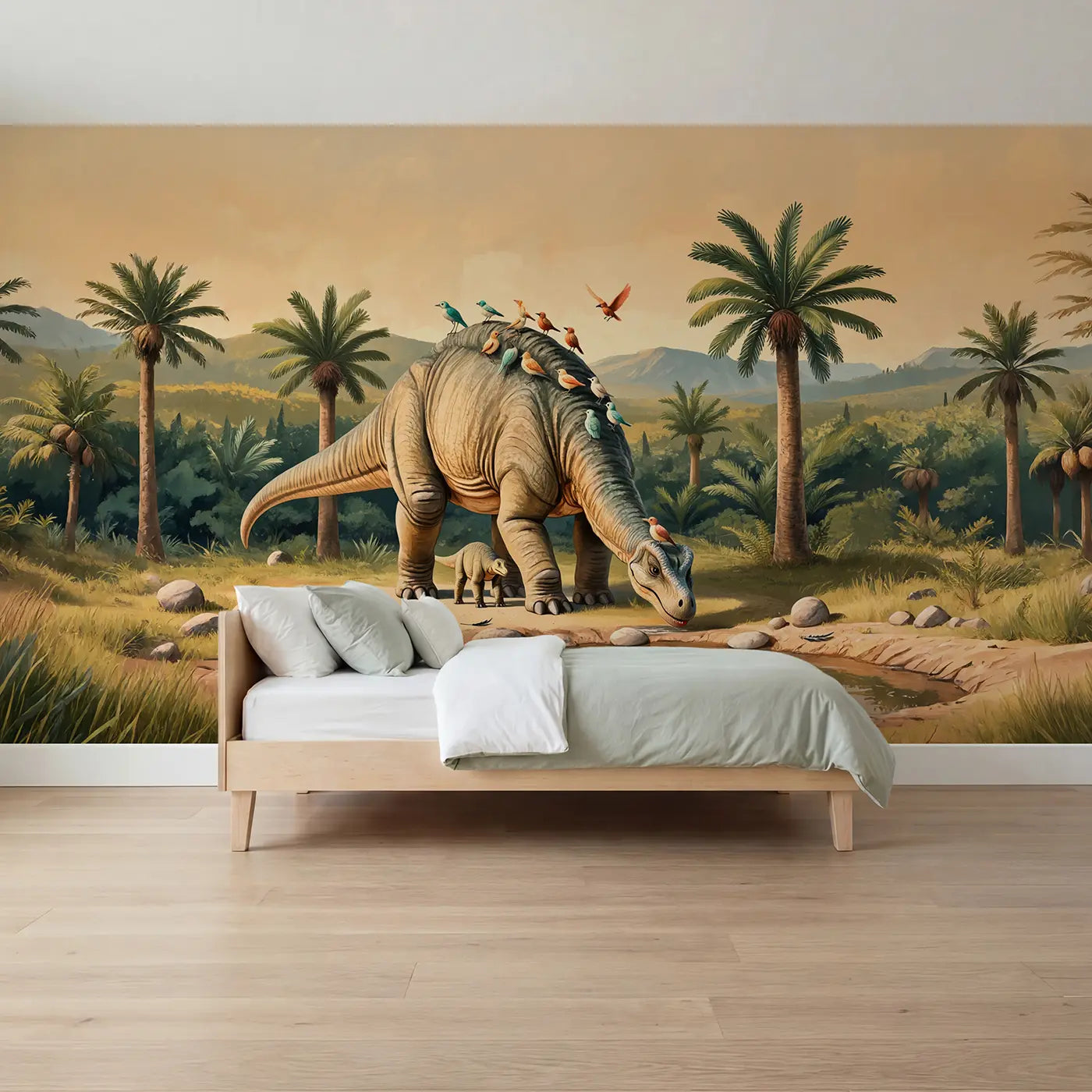 Soft Pastel diplodocus bird grooming wallpaper mural for boys room by Whimsy Tots