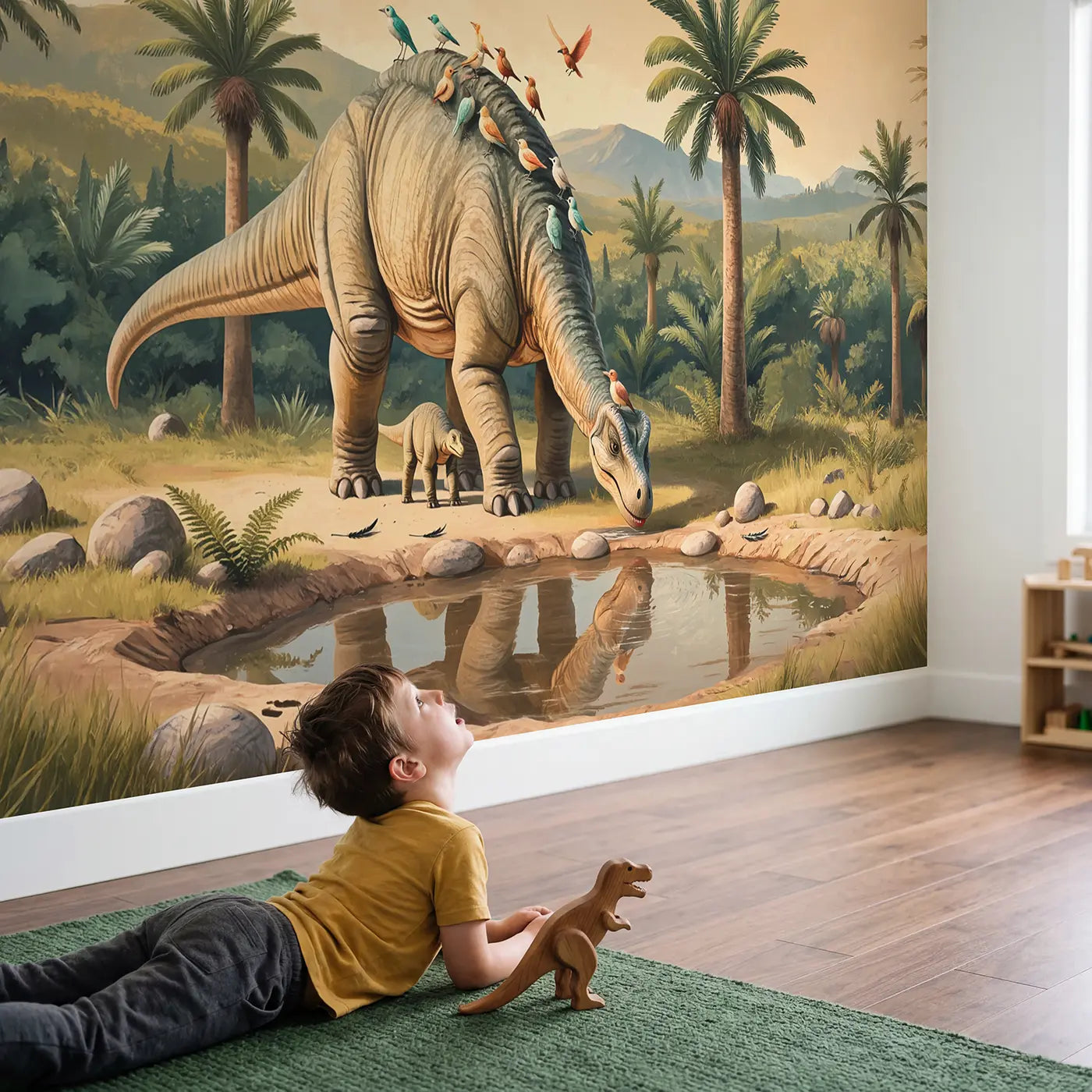 Child in nursery with Diplodocus Bird Grooming Wallpaper Mural by Whimsy Tots
