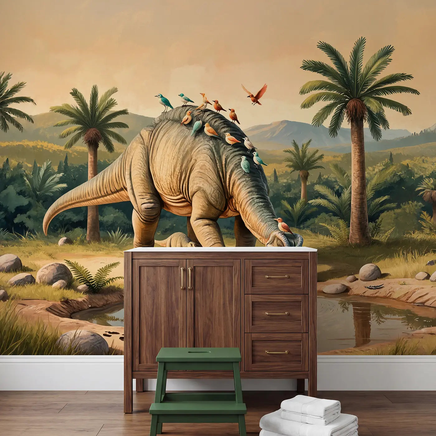 Diplodocus Bird Grooming Wallpaper Mural in playroom setting by Whimsy Tots
